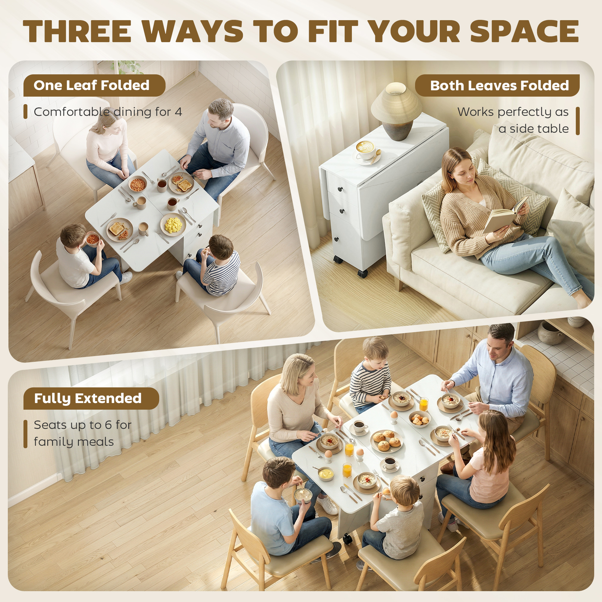 Drop Leaf Dining Table, Mobile Folding Table on Wheels with Drawers and Cabinet for Dining Room, Kitchen, Marble White - Image 2