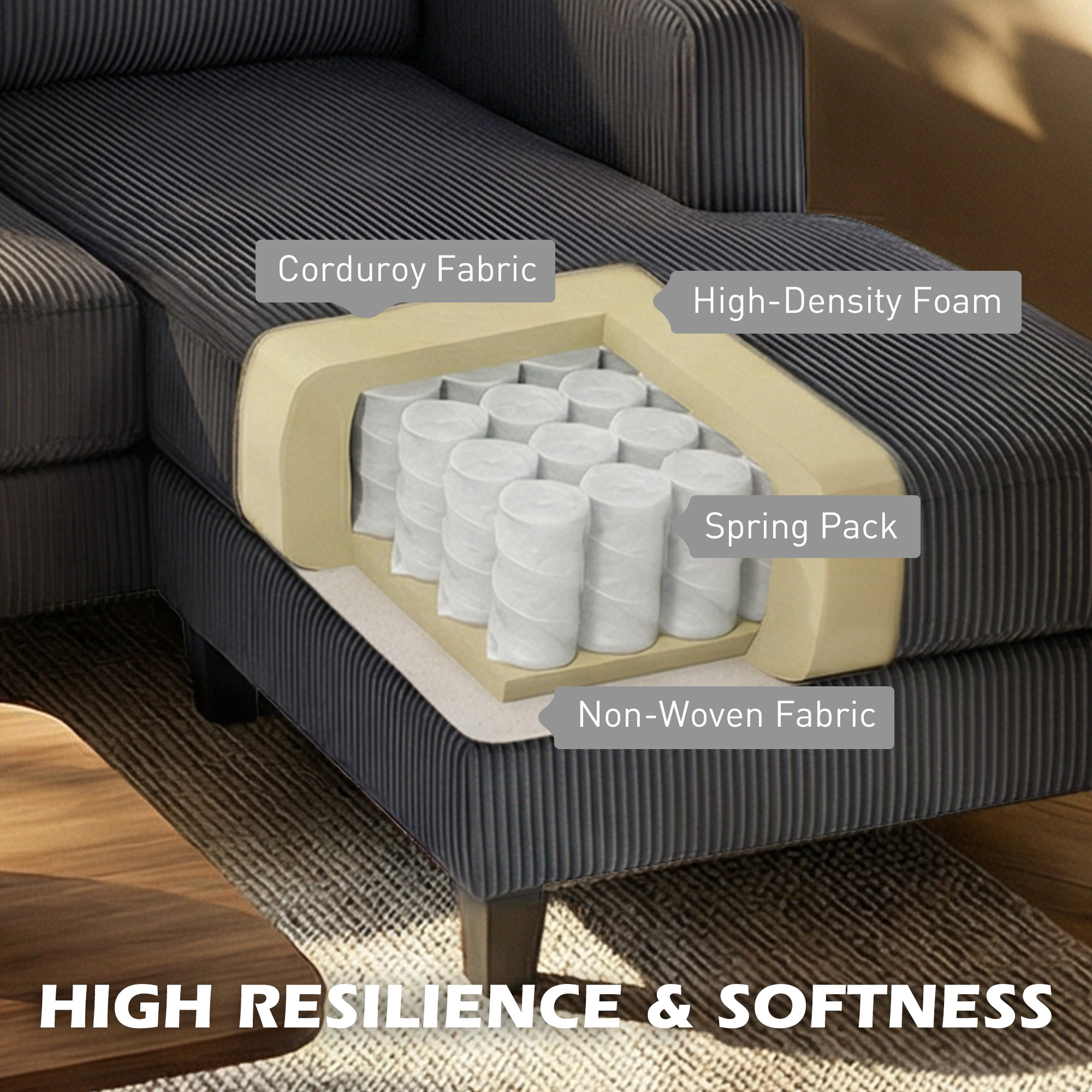 L Shaped Couch, L Shape Sofa with Chaise Lounge and Spring Cushion for Living Room, Bedroom, Charcoal Grey - Image 3