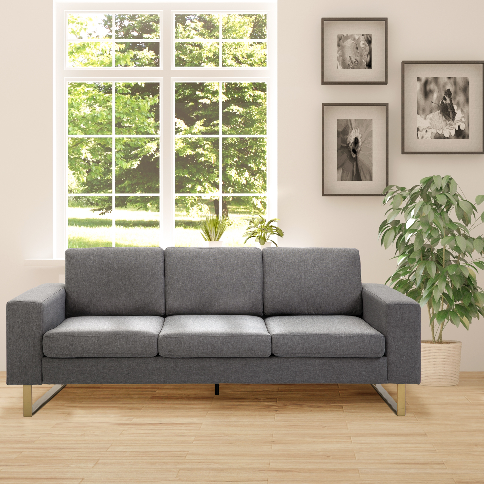3 Seater Sofa, Linen Upholstered Cozy Padded Couch with Steel Leg, Backrest and Wide Armrest, for Living room, Bedroom, Dark Grey - Image 6