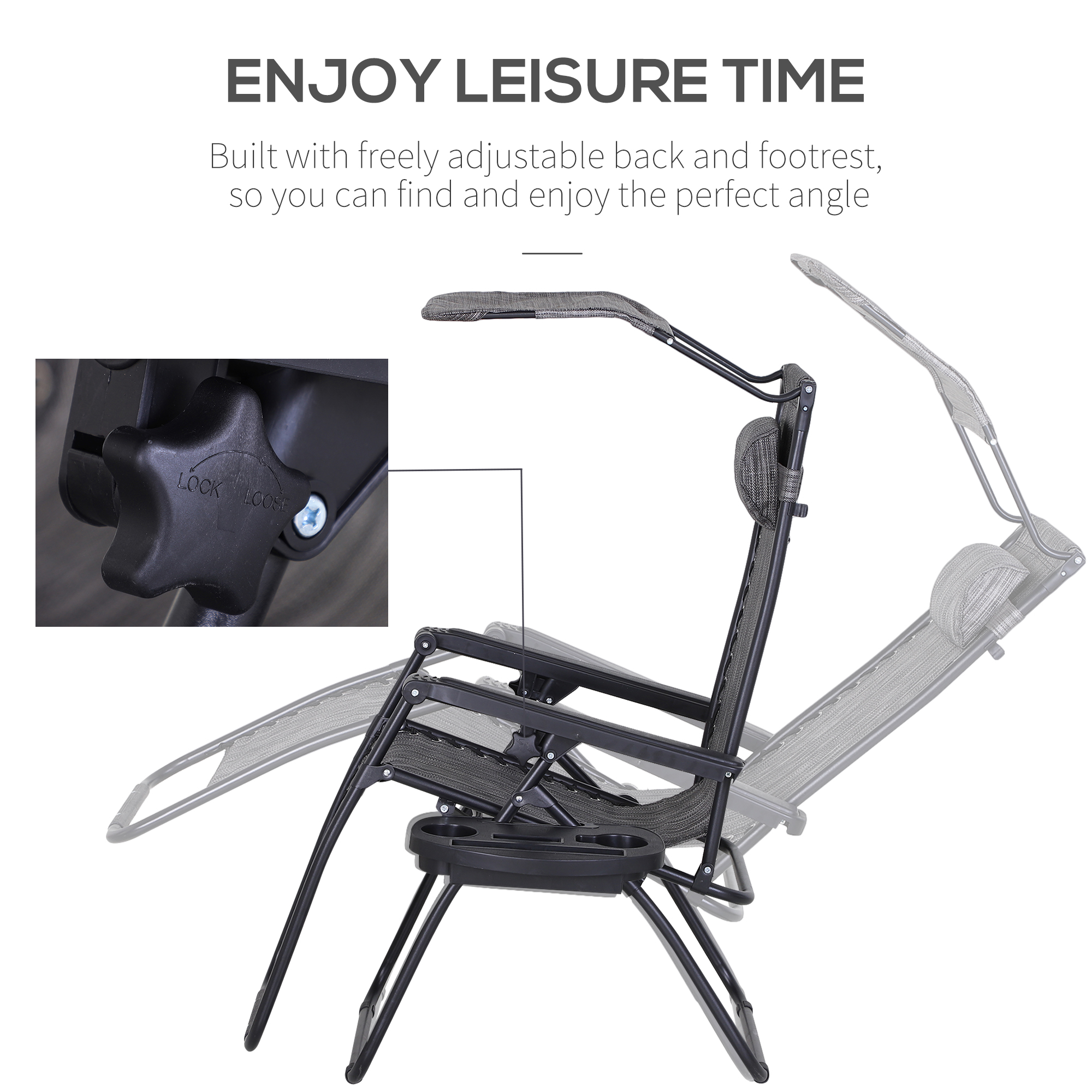 Outdoor Zero Gravity Reclining Lounger Chair with Canopy Shade, Side Tray, Cupholder, Dark Grey - Image 5