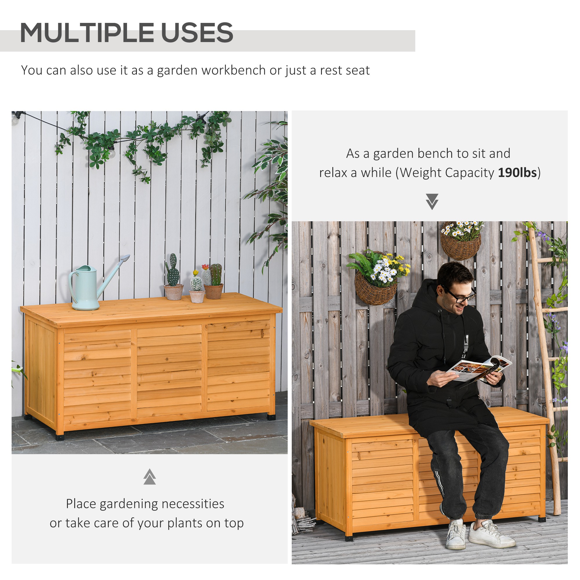 75 Gallon Wooden Storage Box patio Deck Box Bench, Garden Backyard Outdoor Storage Container with Aerating Gap & Weather-Fighting Finish, Yellow - Image 4
