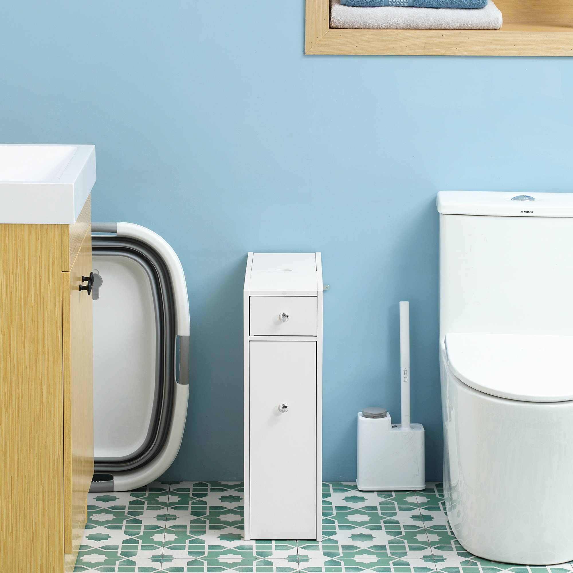 Space Saving Toilet Paper Cabinet, Narrow Bathroom Cabinet with Drawers and Hidden Storage, White - Image 4