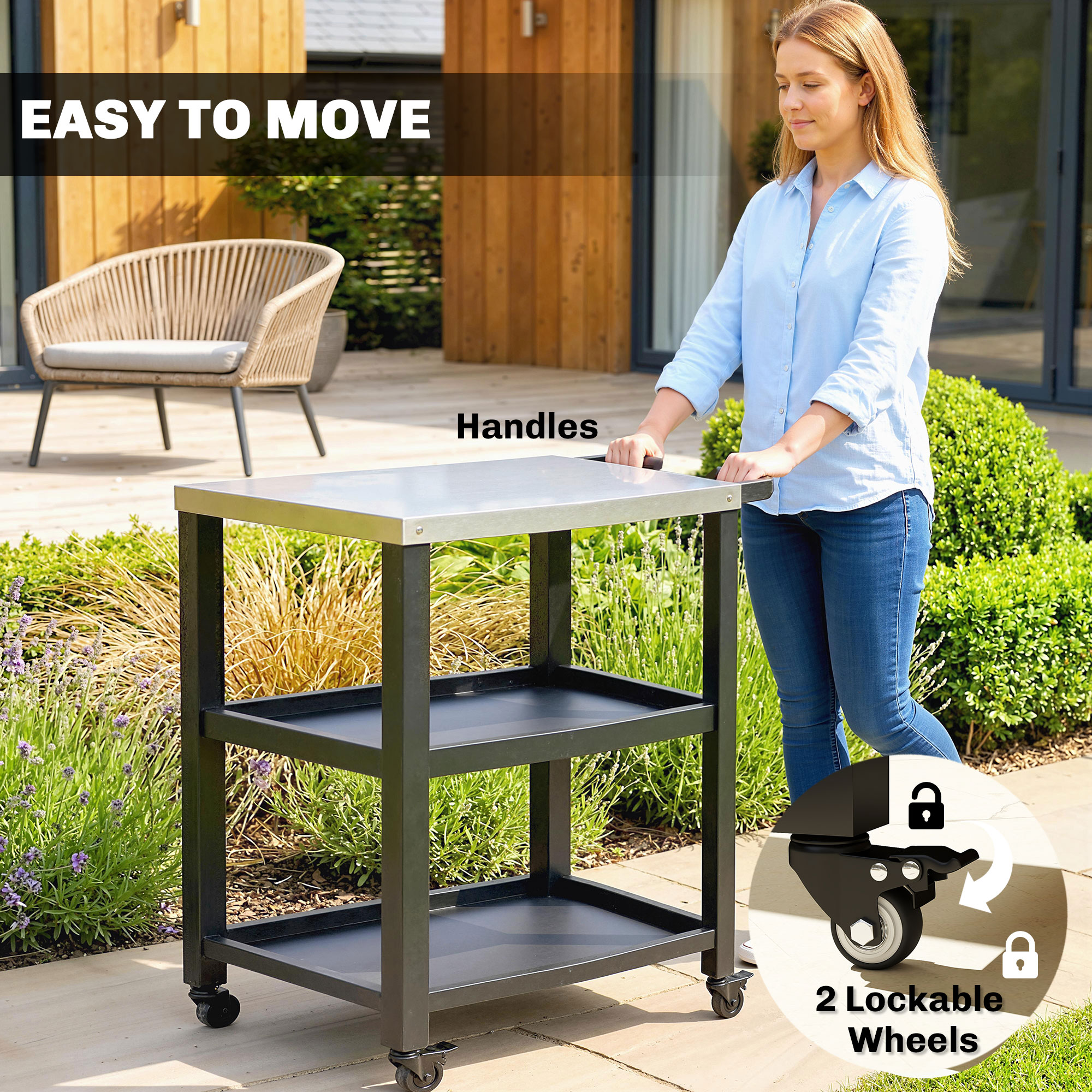 Outdoor Grill Cart with Stainless Steel Tabletop, 2 Shelves, Rolling Prep Dining Cart with Lockable Wheels - Image 4