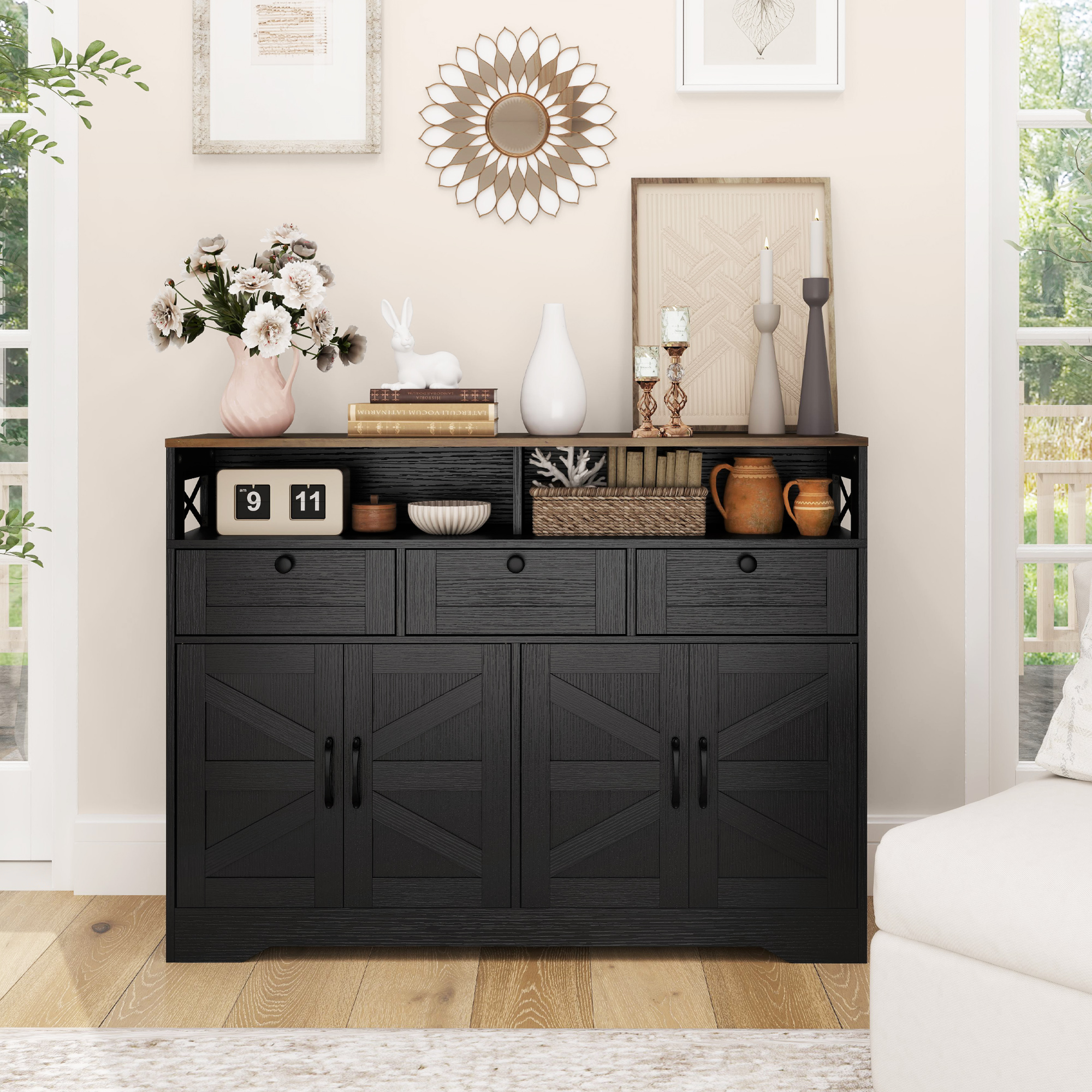 Sideboard, Buffet Cabinet with 4 Barn Doors and 3 Drawers, Coffee Bar Cabinet with Adjustable Shelves, Black - Image 6