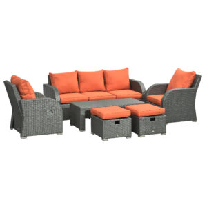 6 Pieces Patio Furniture with 2 Recliner Chairs, PE Wicker Sectional Furniture Conversation Set with a 3-Seat Sofa, 2 Footstools, Table, Cushions, Orange