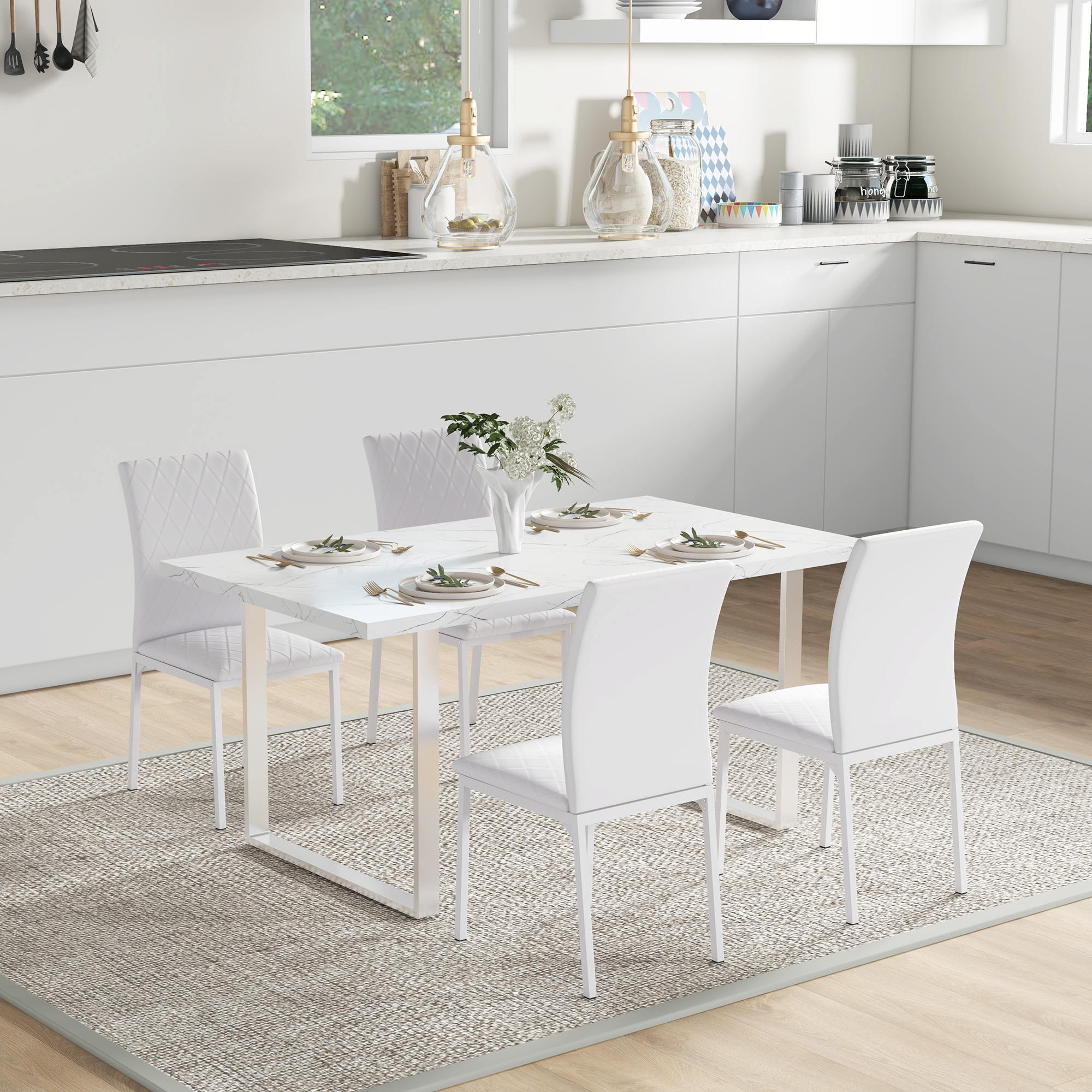 Modern Dining Chairs Set of 4, Upholstered Faux Leather Kitchen Chairs with Rhombic Tufting and Metal Legs for Living Room, White - Image 6