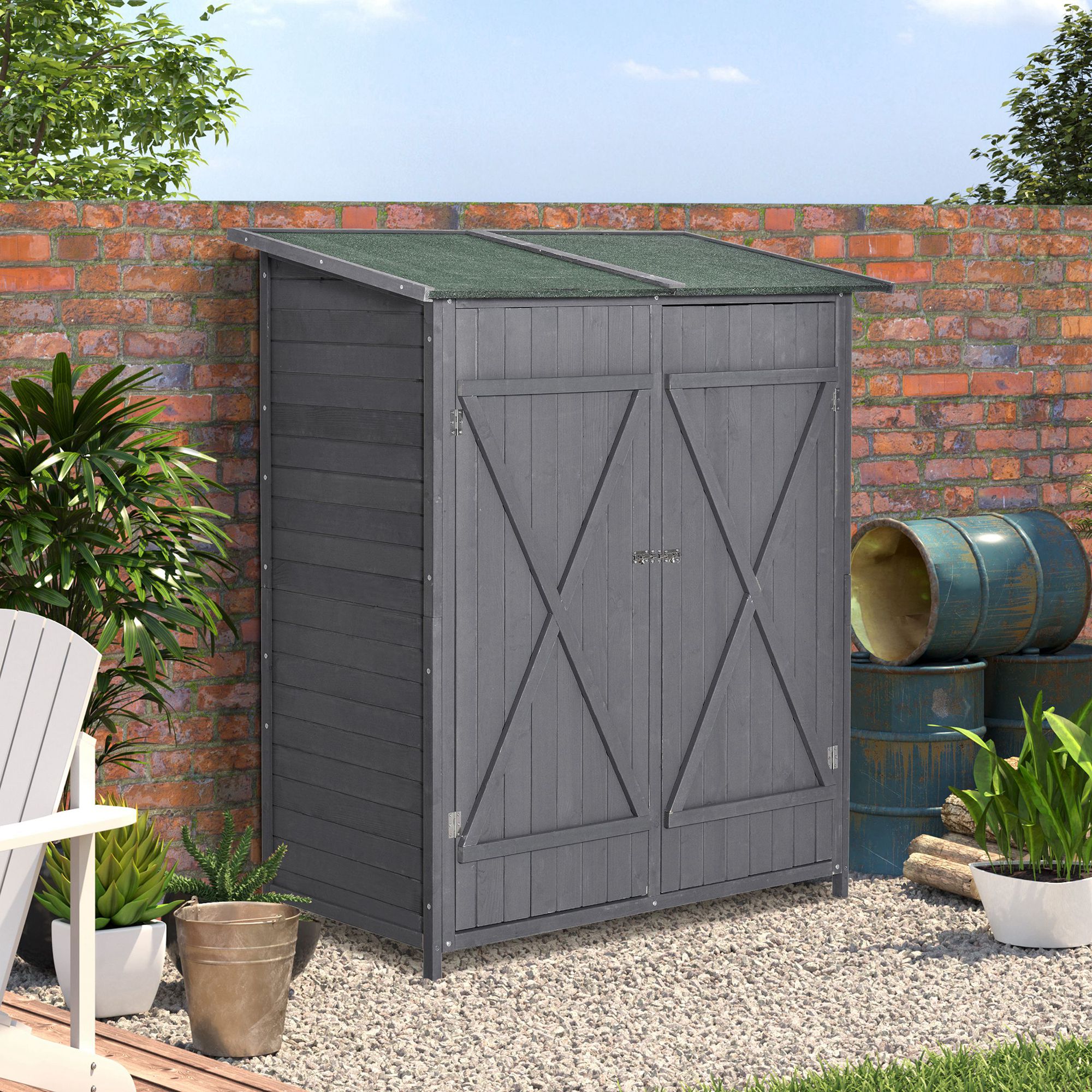 Garden Storage Shed Asphalt Roof Wooden Timber Double Door Utility Storage House with Shelf, Green and Grey - Image 5