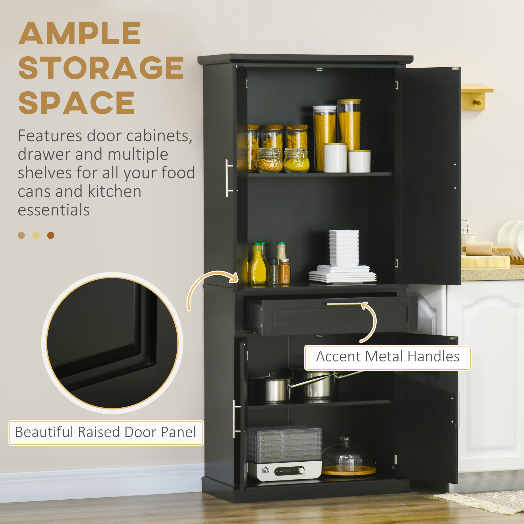 72" Kitchen Pantry Cabinet, Freestanding Storage Cabinet, 4-Door Cabinet with Drawer and Adjustable Shelves, Black - Image 2