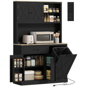 69" Pantry Cabinet with Charging Station, Kitchen Cabinet with Microwave Stand, Tilt-Out Trash Can Cabinet, Black