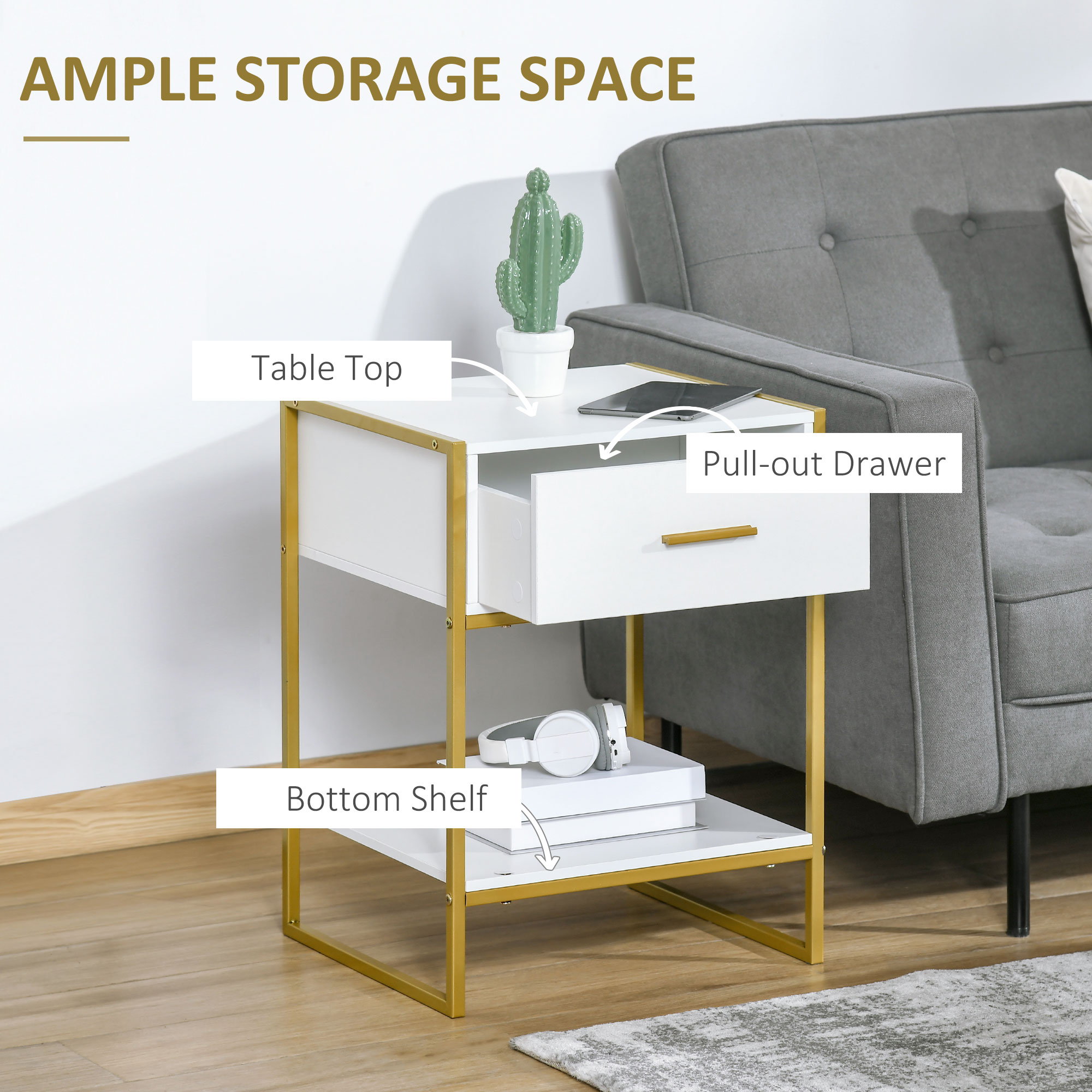 Nightstand Set of 2, Modern Bedside Table with Drawer and Shelf, Bedside Cabinets for Bedroom, White - Image 3