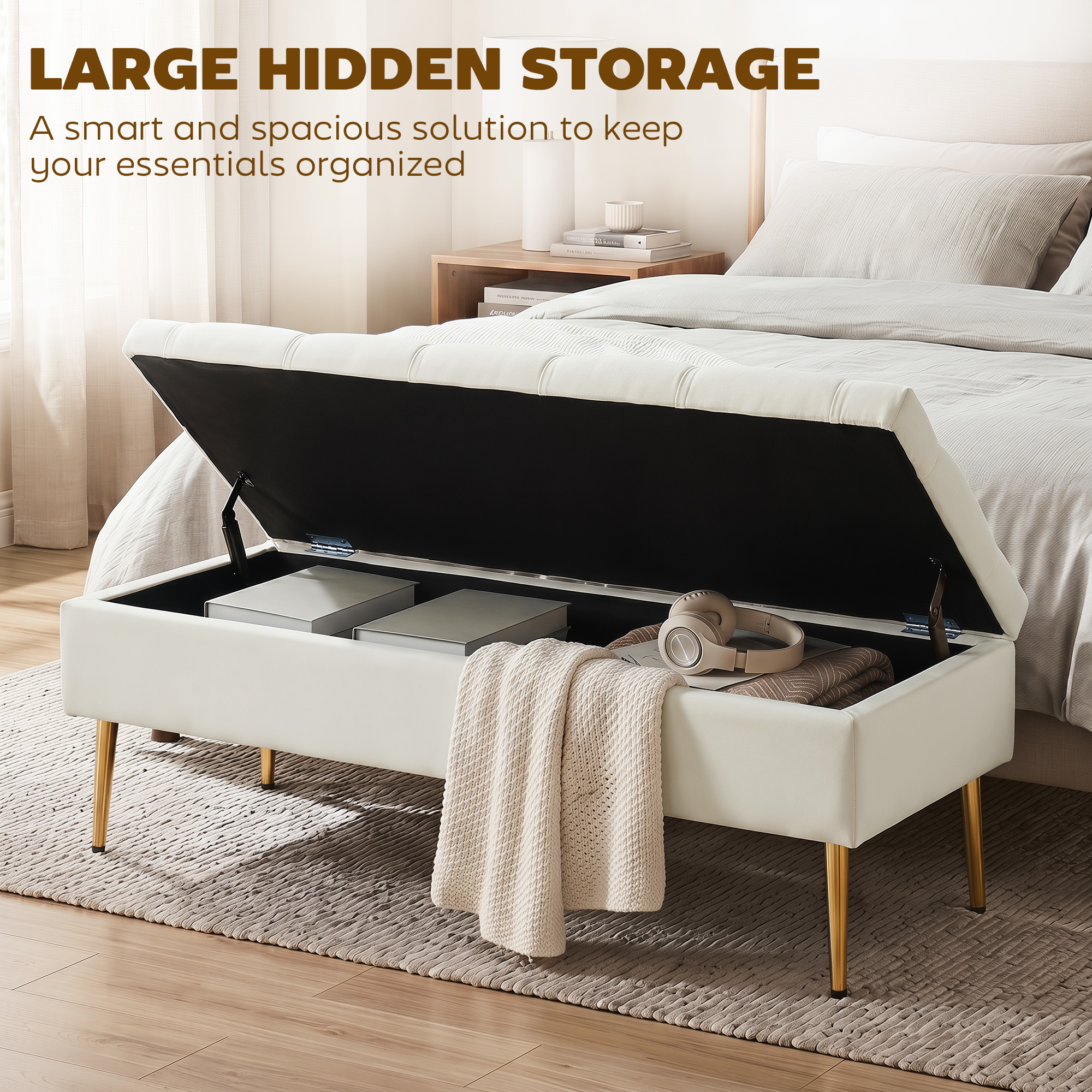 Upholstered Bedroom Bench with Gold Tone Metal Legs, Velvet Tufted and Thick Padding, Beige - Image 3