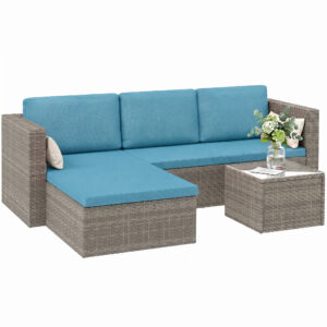 3-Piece Patio Furniture Set Modern Sectional Sofa Rattan Chair Wicker Conversation Set Outdoor Hand Woven Rattan Wicker Furniture Patio Coffee Table Sofa Set, Blue