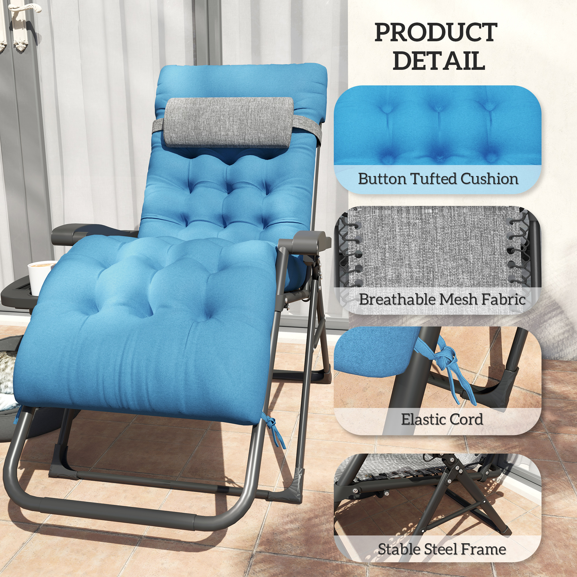 Padded Folding Recliner Chair, Patio Lounger with Cupholder, Adjustable Backrest, Removable Cushion, Navy Blue - Image 5