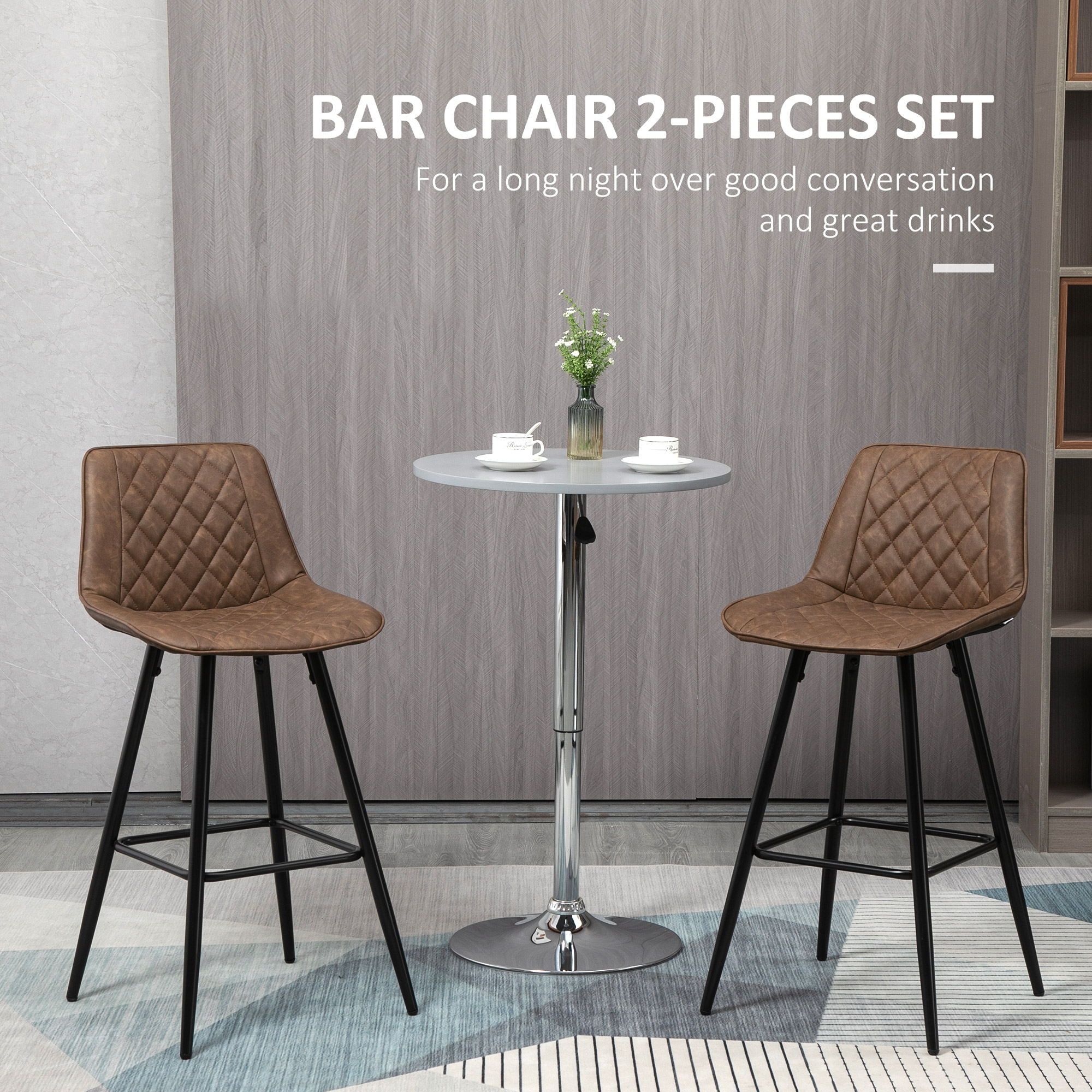 PU Leather Counter Height Bar Chairs Set of 2, 27.75" Bar Stools with Metal Legs for Dining Area, Kitchen Island, Brown - Image 2