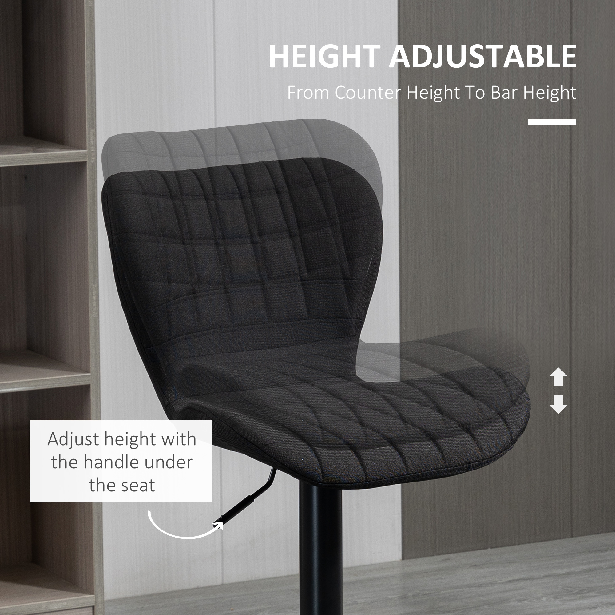 Bar Stools Set of 2, Adjustable Height Swivel Bar Chairs, Linen-feel Fabric Upholstered Kitchen Counter Stools with Wide Seat, Back and Footrest, Black - Image 3