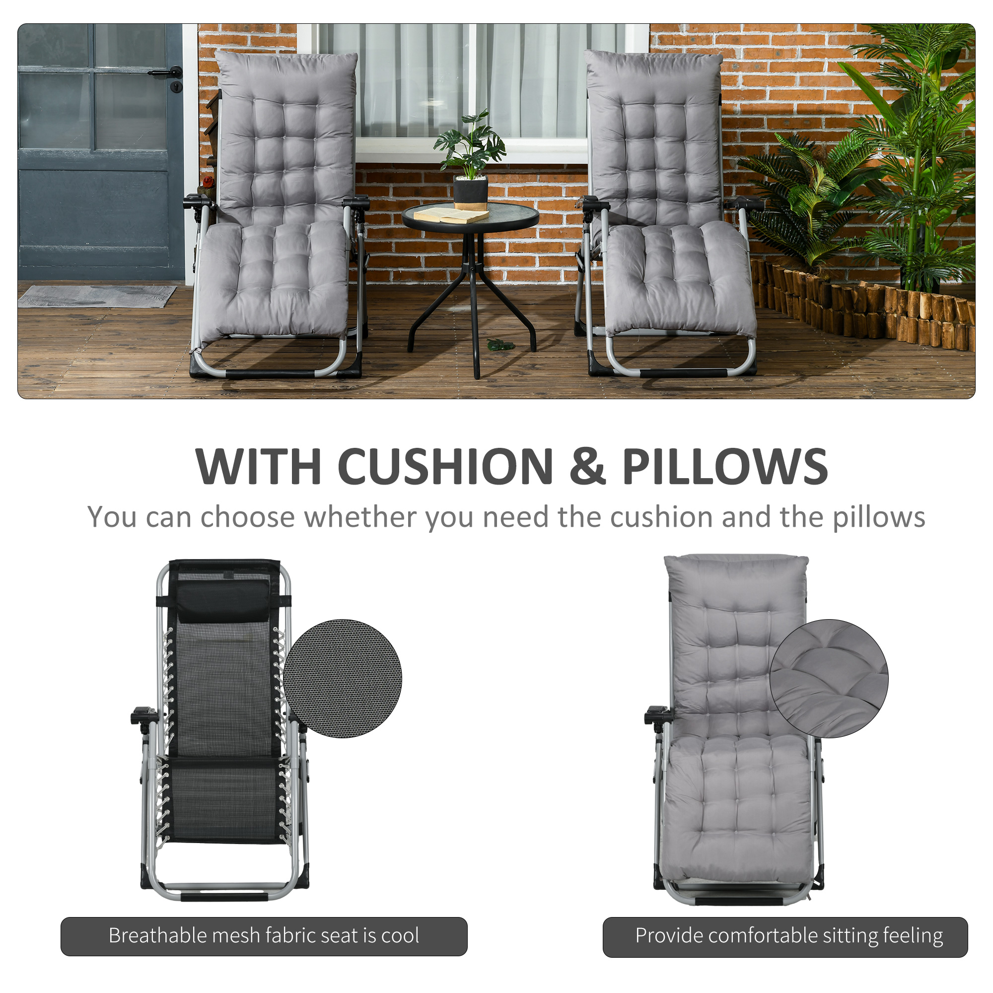 Folding Garden Chairs Set of 2, Reclining Zero Gravity Chair, Sun Lounger with Cushion and Headrest, Dark Grey - Image 4