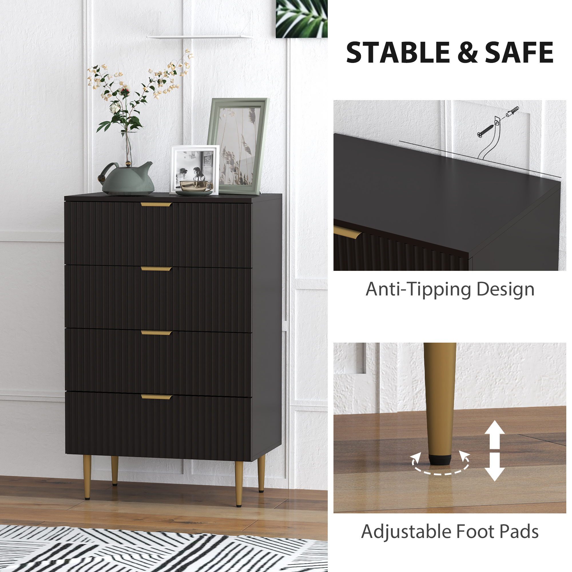Modern Chest of Drawers 4 Drawer Dresser for Bedroom with Gold Legs and Handles, Black - Image 4