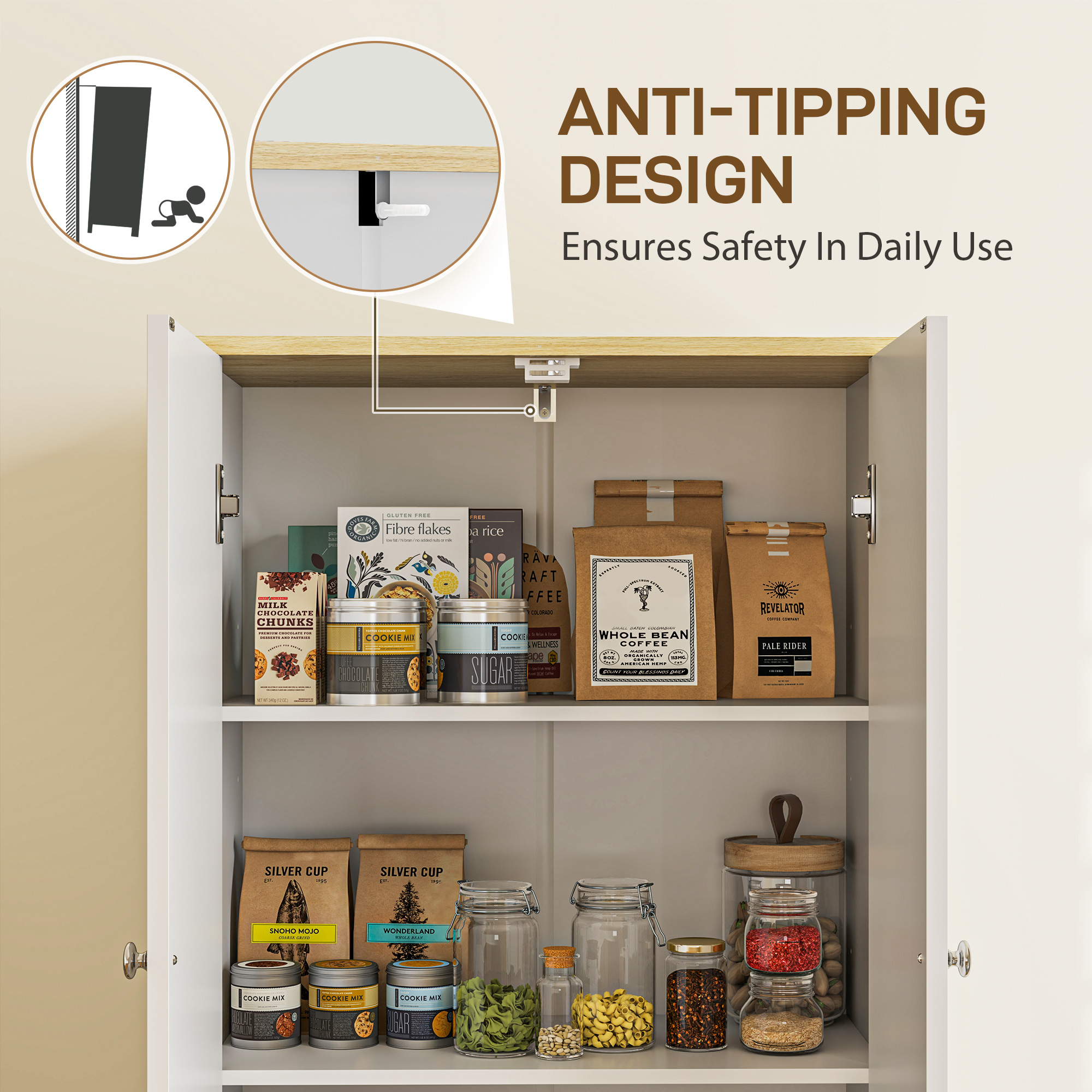 72" Tall Pantry Cabinet, Kitchen Pantry Cabinet with Adjustable Shelves, Storage Cabinet with 4 Doors, White - Image 5
