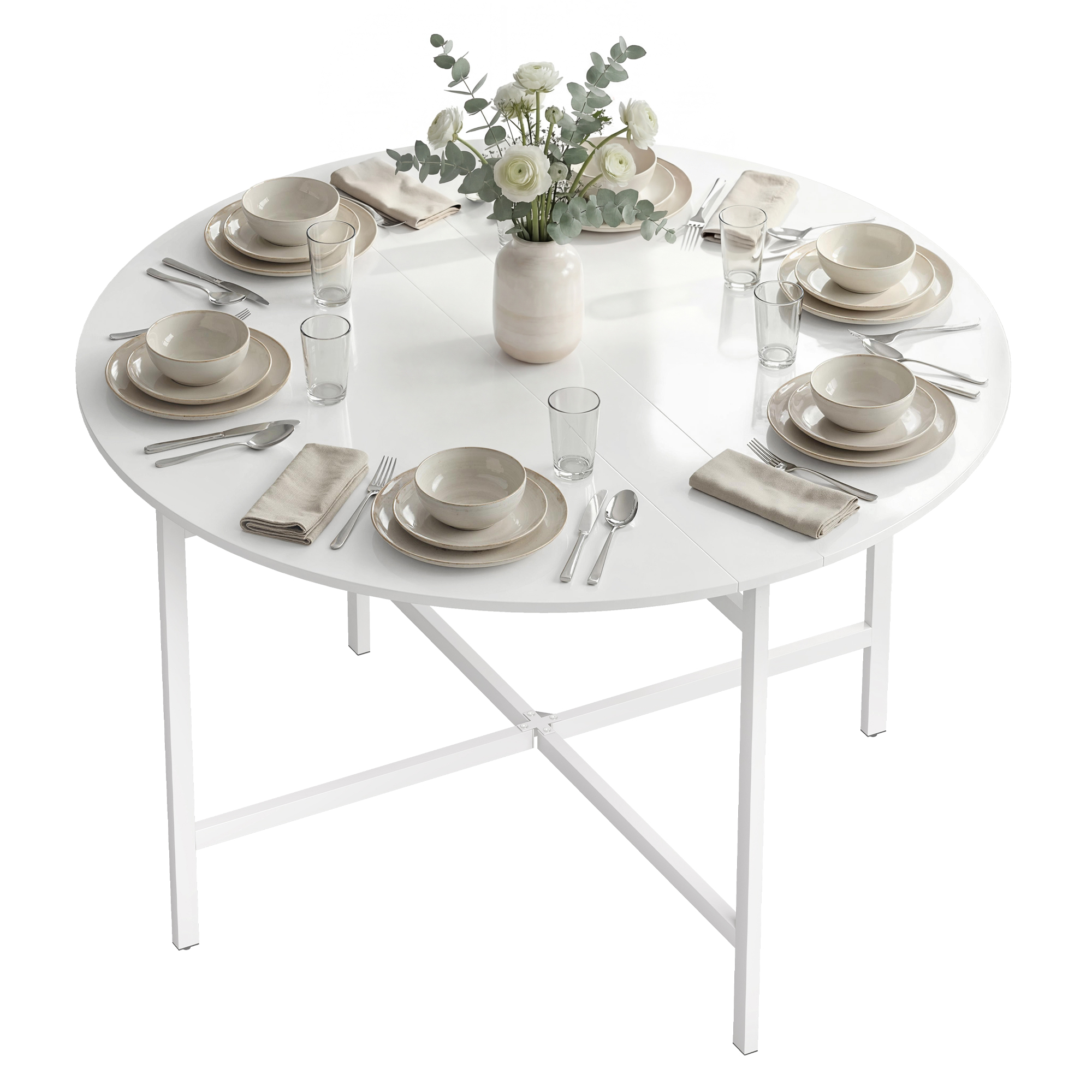 Folding Dining Table for 3-6 People, 47" Round Drop Leaf Kitchen Table with Steel Frame, White