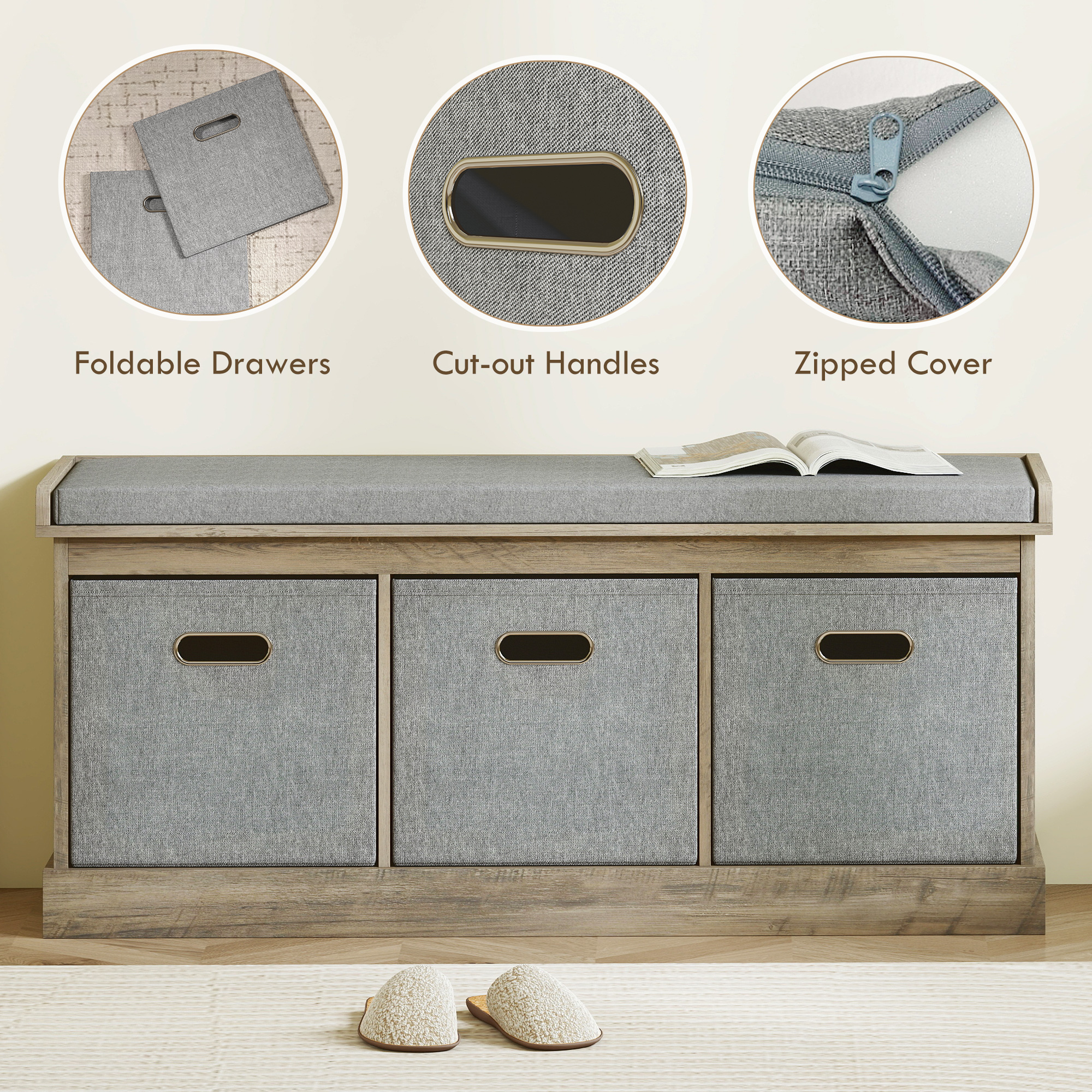 Shoe Storage Bench with Seat, Entryway Bench Seat with Cushion, 3 Fabric Drawers for Hallway, Washed Grey - Image 4