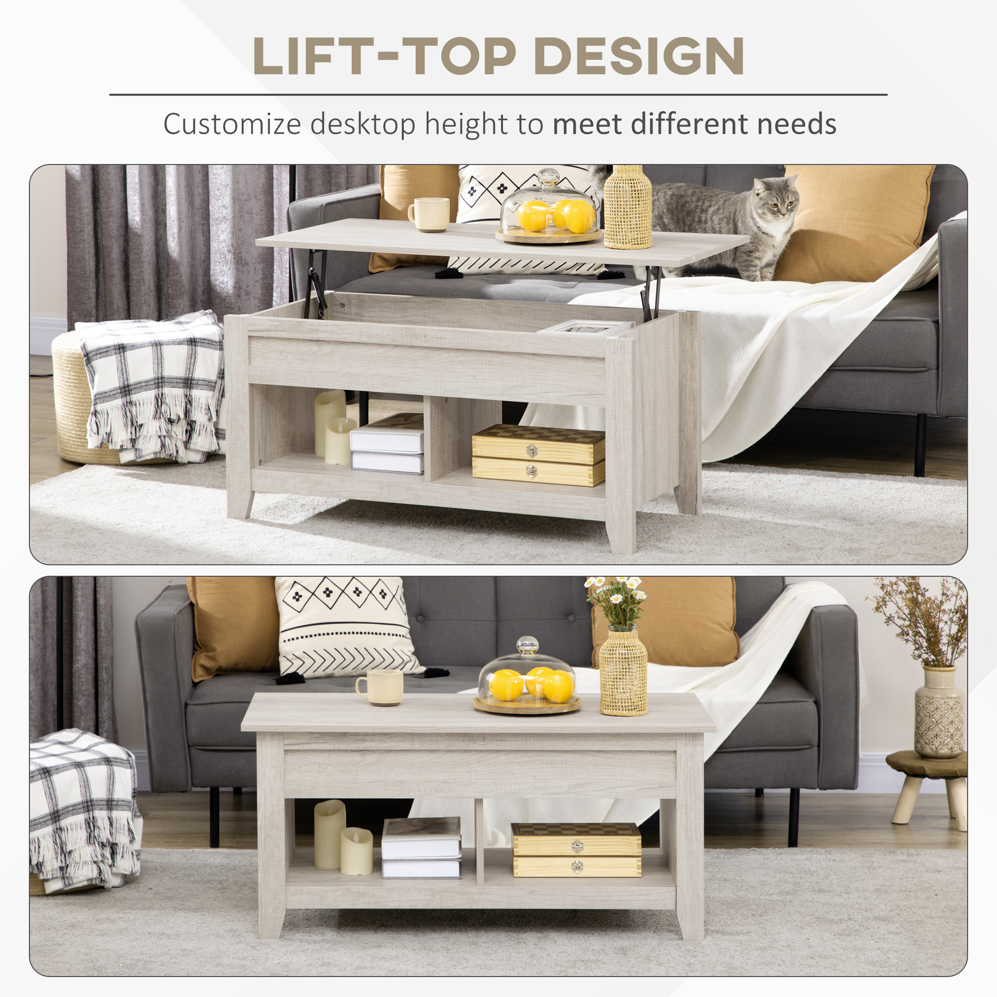 Lift Top Coffee Table with Hidden Storage Compartment and Open Shelves, Lift Tabletop Pop-Up Center Table for Living Room, Oak Effect - Image 2