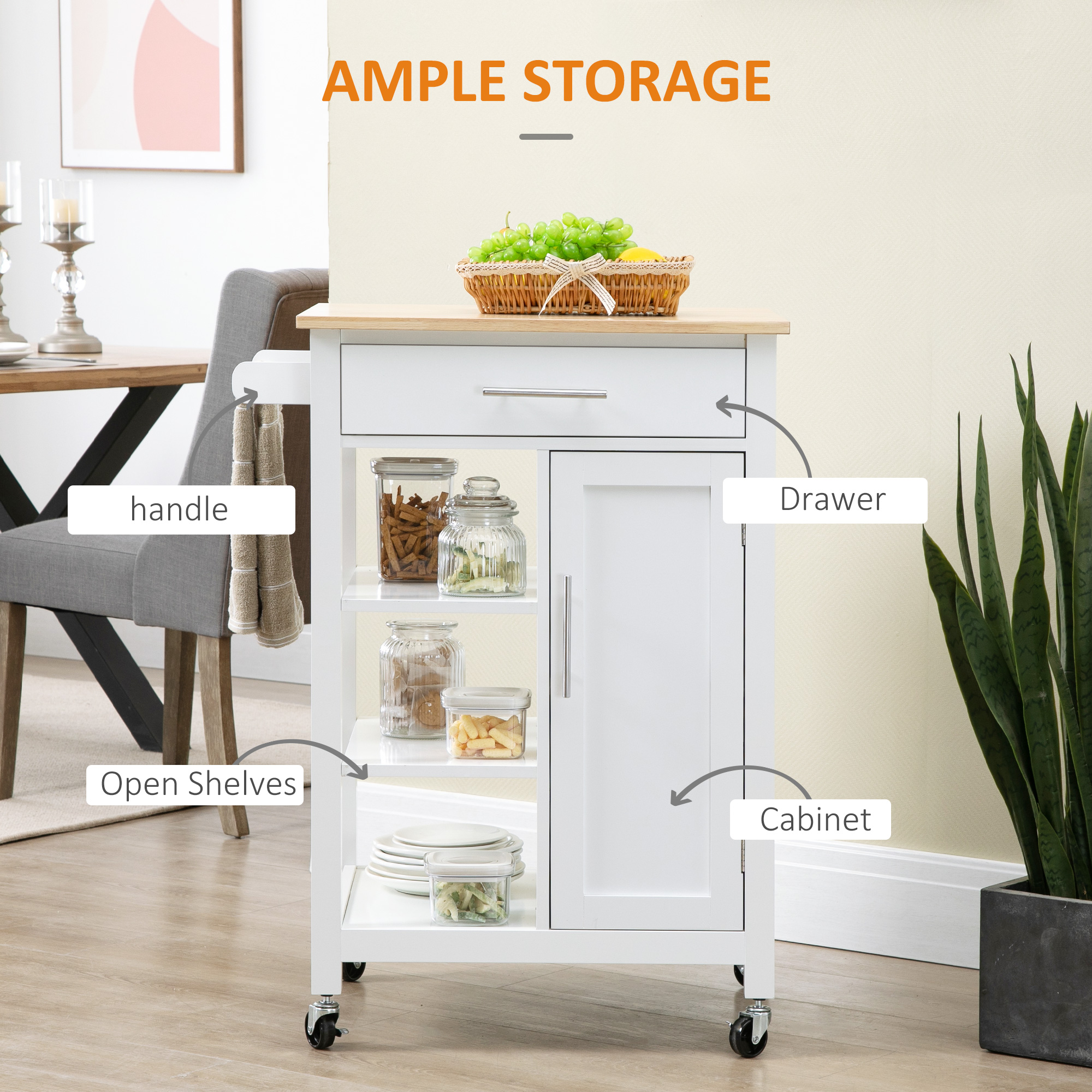 Kitchen Island, Compact Kitchen Cart on Wheels with Open Shelf & Storage Drawer for Dining Room, Kitchen, White - Image 2