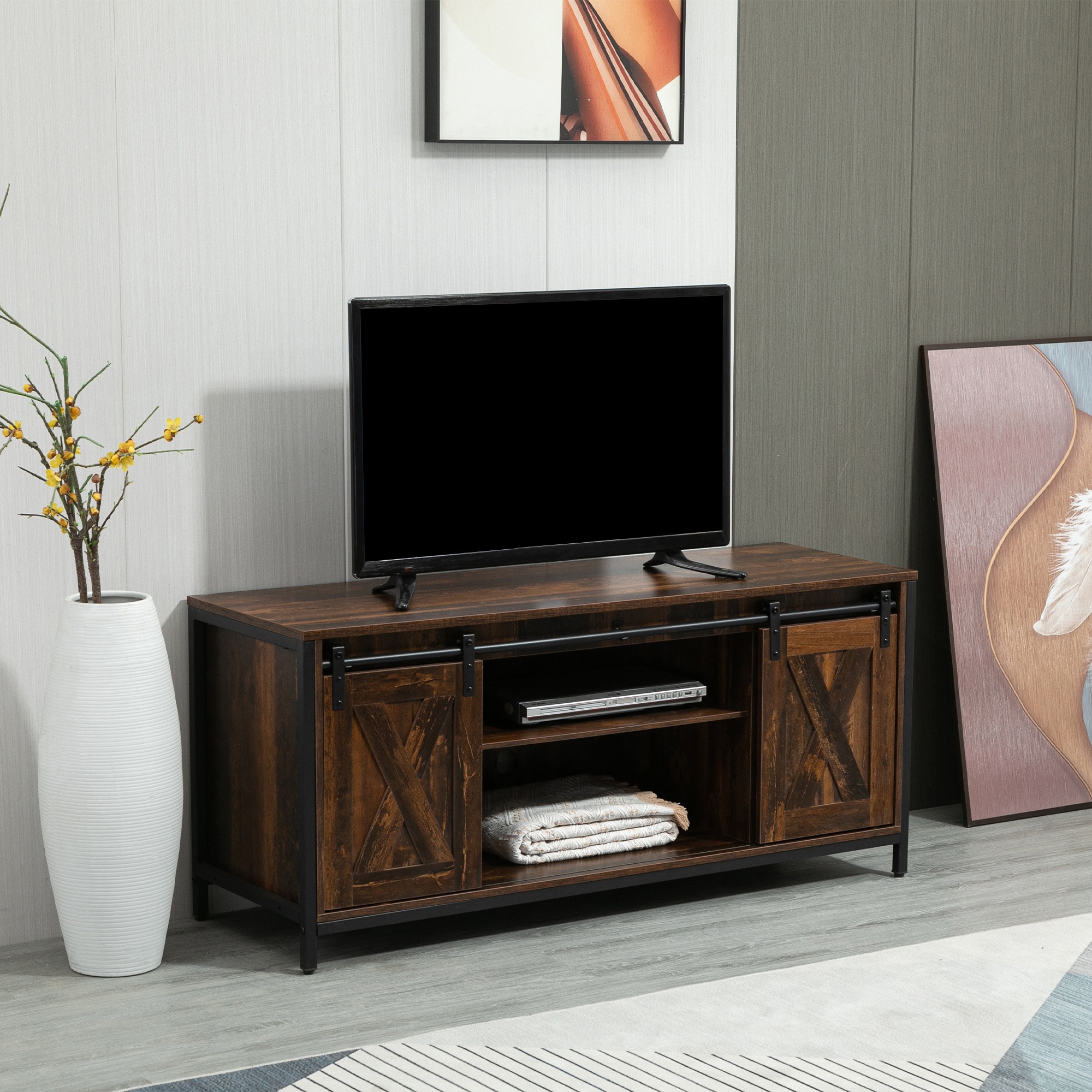 Industrial TV Stand for TVs up to 60", TV Console with Storage and 2 Sliding Barn Doors, Freestanding Entertainment Unit for Living Room, Bedroom, Brown - Image 6