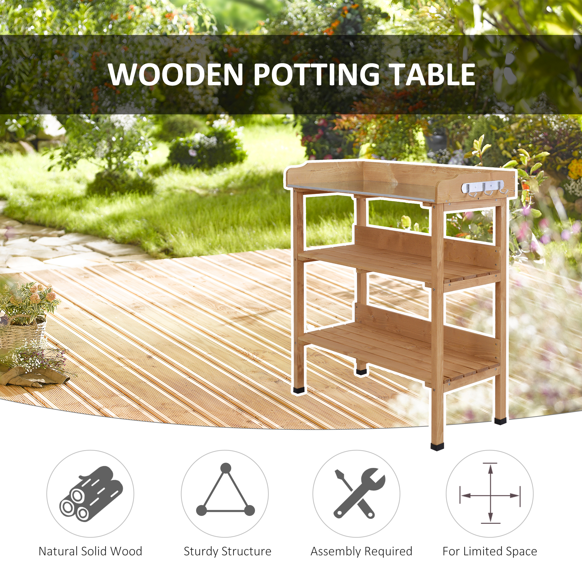 Outdoor Garden Wooden Potting Bench Work Station Table Tool Storage Shelf w/ Hooks, Natural - Image 4