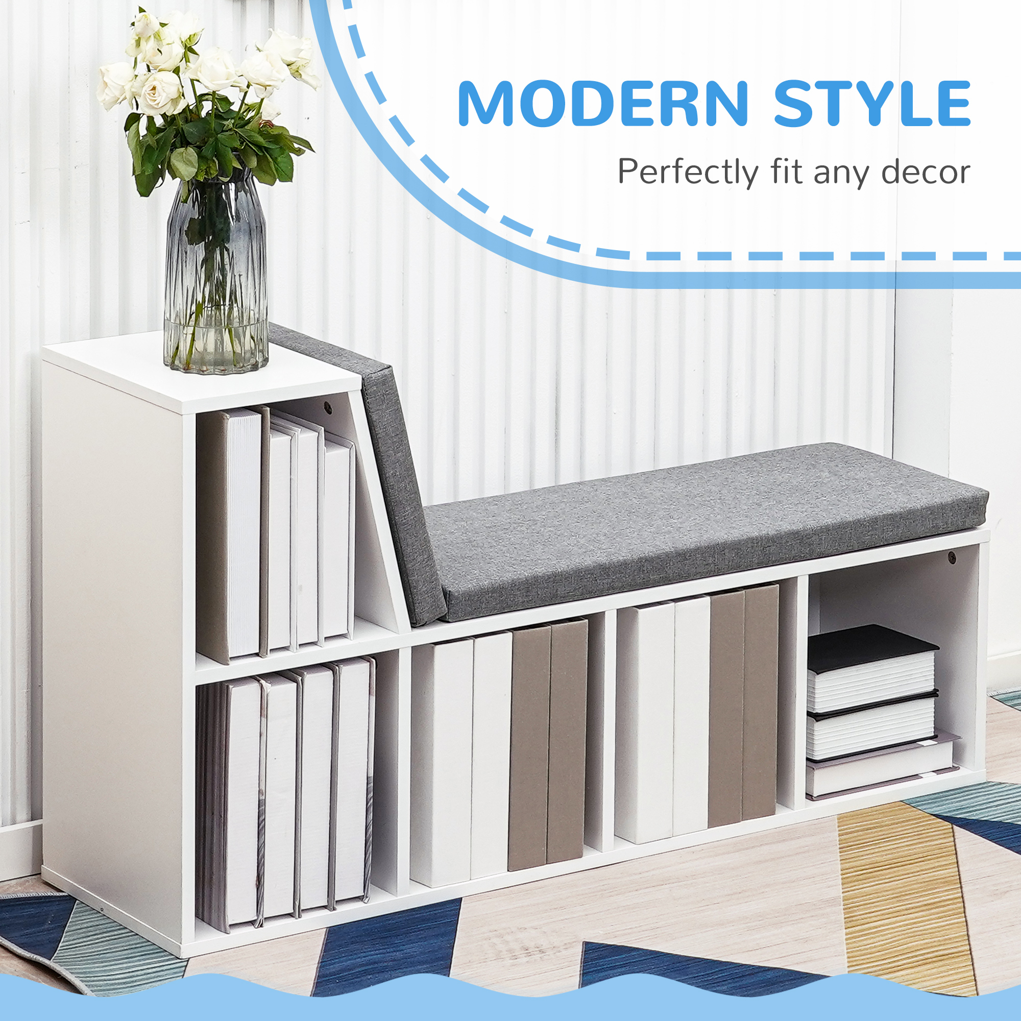 Multi-Purpose Bookshelf with 5 Cubes, 5-Cubby Bookcase with Cushioned Reading Nook and Storage Shelves, Grey - Image 2