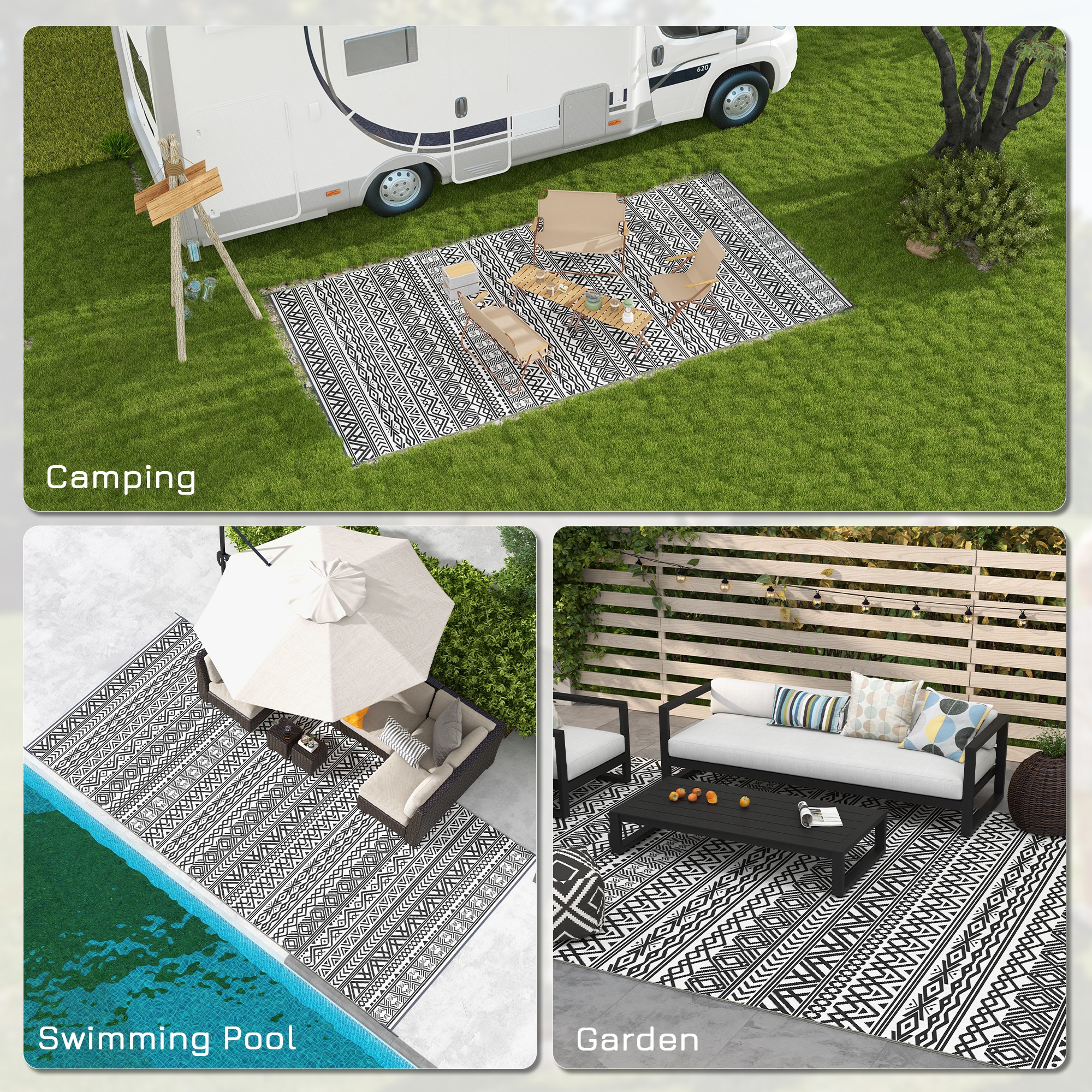 Reversible Outdoor Rug Waterproof Plastic Straw RV Rug with Carry Bag, 9' x 18', Grey and Cream White Boho - Image 4