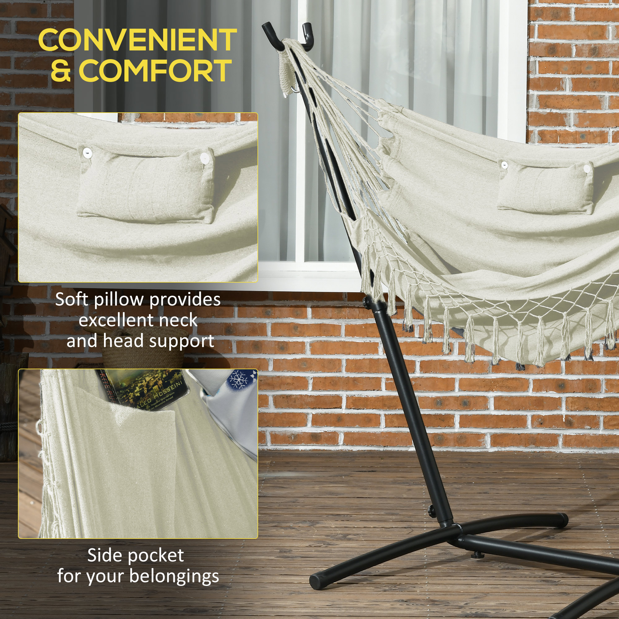 Patio Hammock Chair with Stand, Outdoor Hammock Swing Hanging Lounge Chair with Side Pocket and Headrest, Cream - Image 3