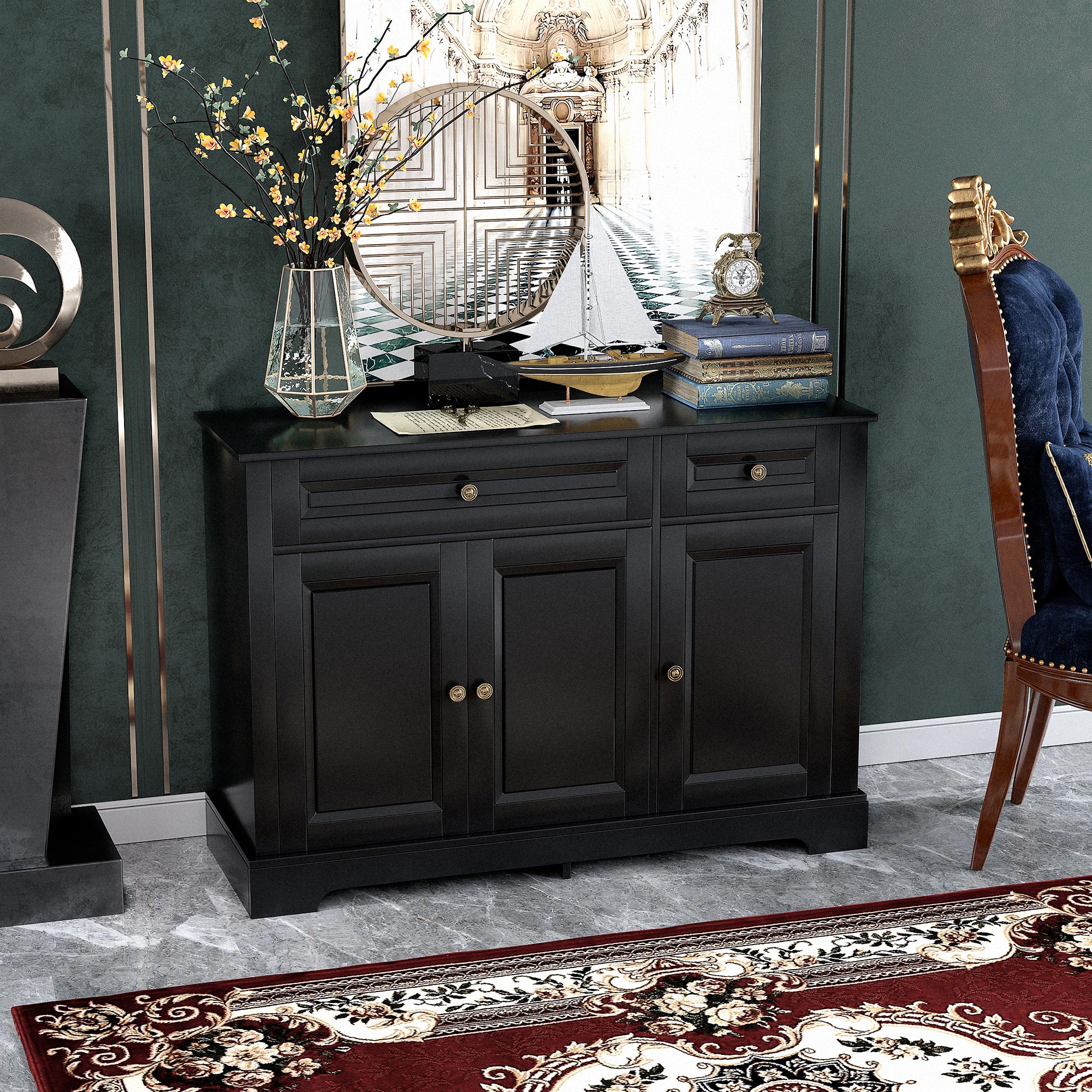 Modern Sideboard Cabinet, Buffet Cabinet with 2 Drawers and Adjustable Shelves, Buffets Tables for Dining Room, Black - Image 6