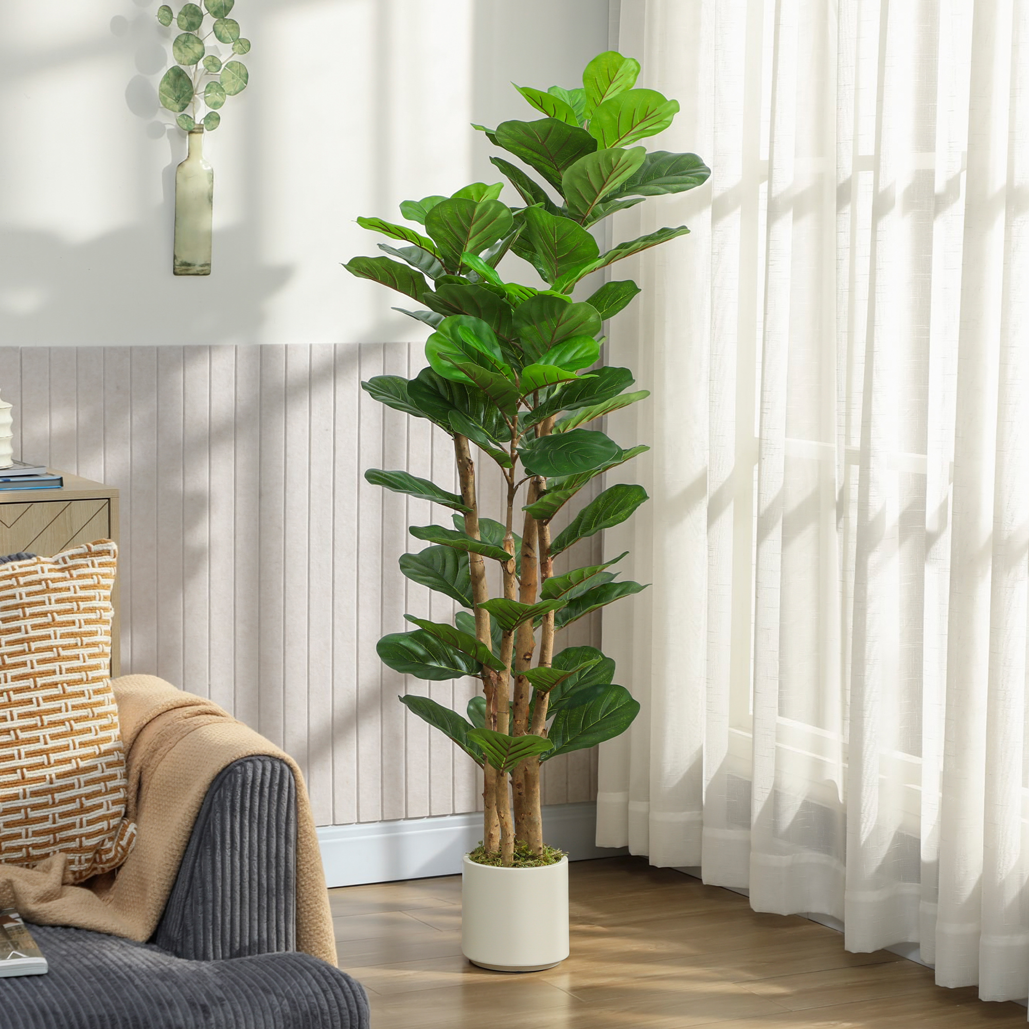 5FT Artificial Fiddle Leaf Fig Tree, Fake Potted Tree with Solid Wood Trunks for Indoor Decor, Green - Image 6