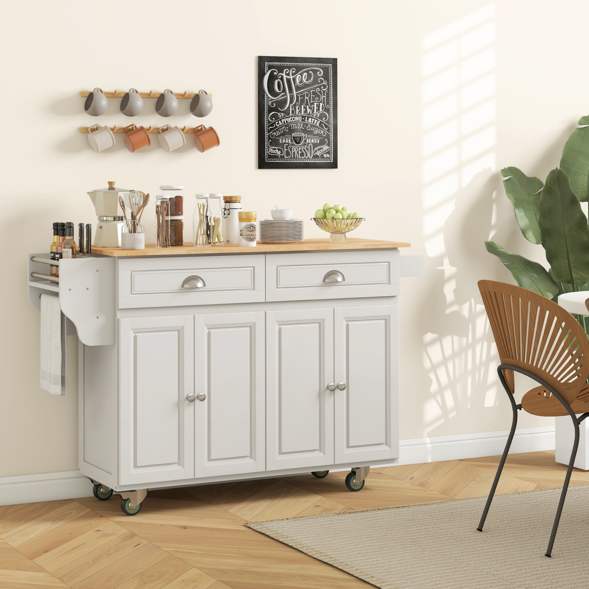 Kitchen Island with Storage, Rolling Kitchen Island with Drop Leaf, Rubber Wood Top and Adjustable Shelves, Cream White - Image 5