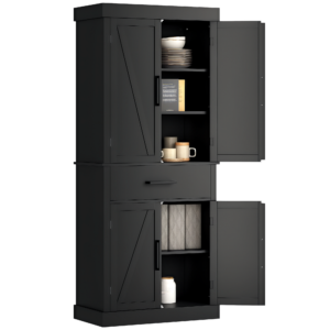 72" Kitchen Storage Cabinet, Farmhouse Kitchen Pantry Cabinet with 4 Barn Doors, Drawer, Adjustable Shelves, Black