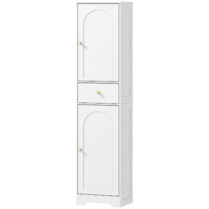67" Tall Bathroom Cabinet, Slim Bathroom Storage Cabinet with 2 Doors, Drawer and Adjustable Shelf, White Wood Grain
