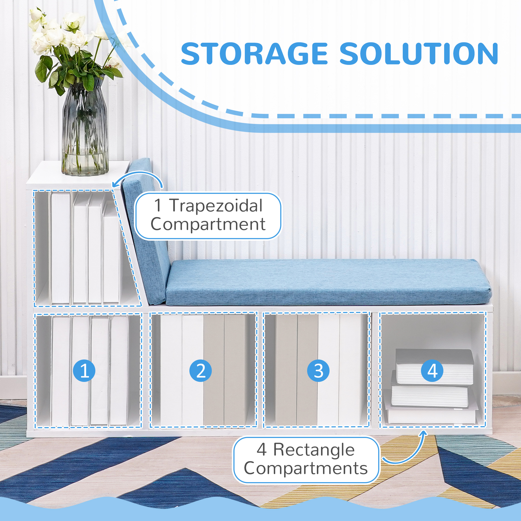 Multi-Purpose Bookshelf with 5 Cubes, 5-Cubby Bookcase with Cushioned Reading Nook and Storage Shelves, Blue - Image 3