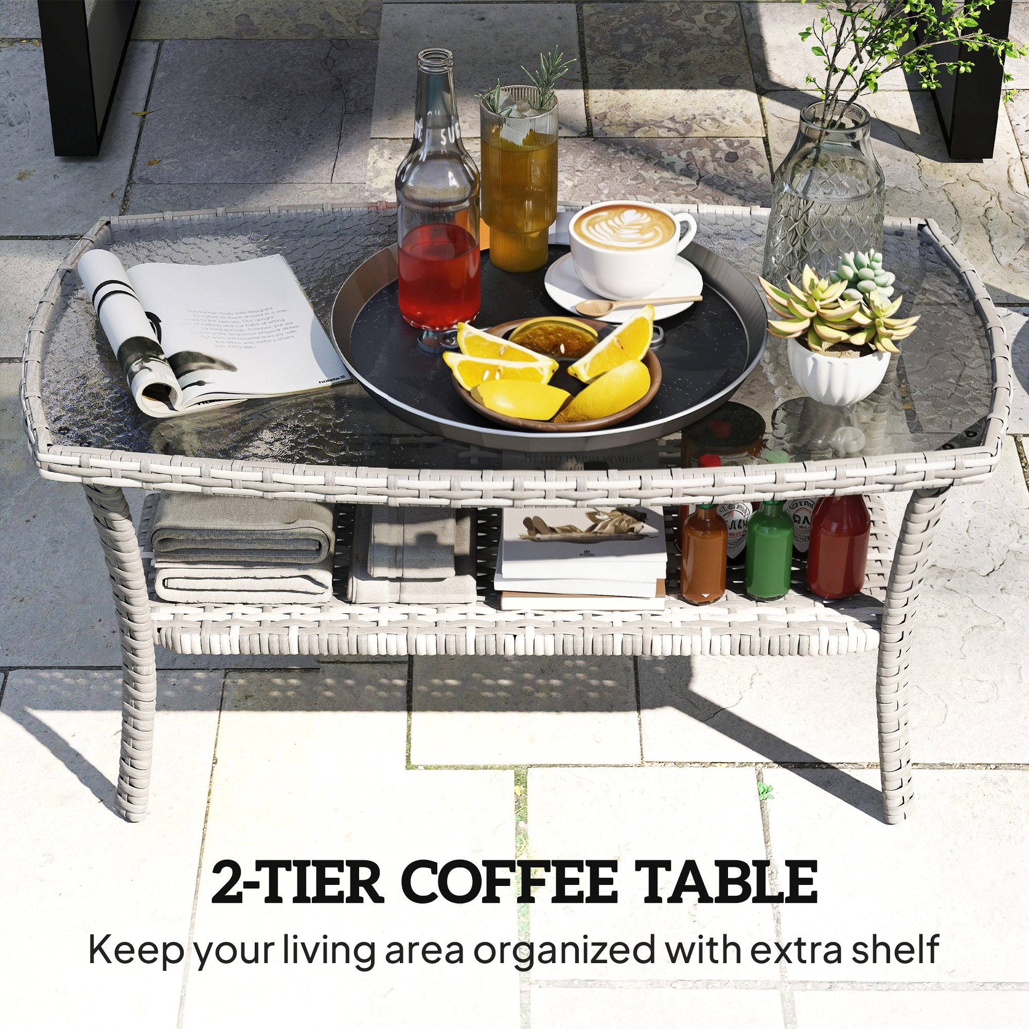 Outdoor Coffee Table with Storage Shelf, PE Wicker Patio Table with Glass Top for Garden, Backyard, Dark Grey - Image 2