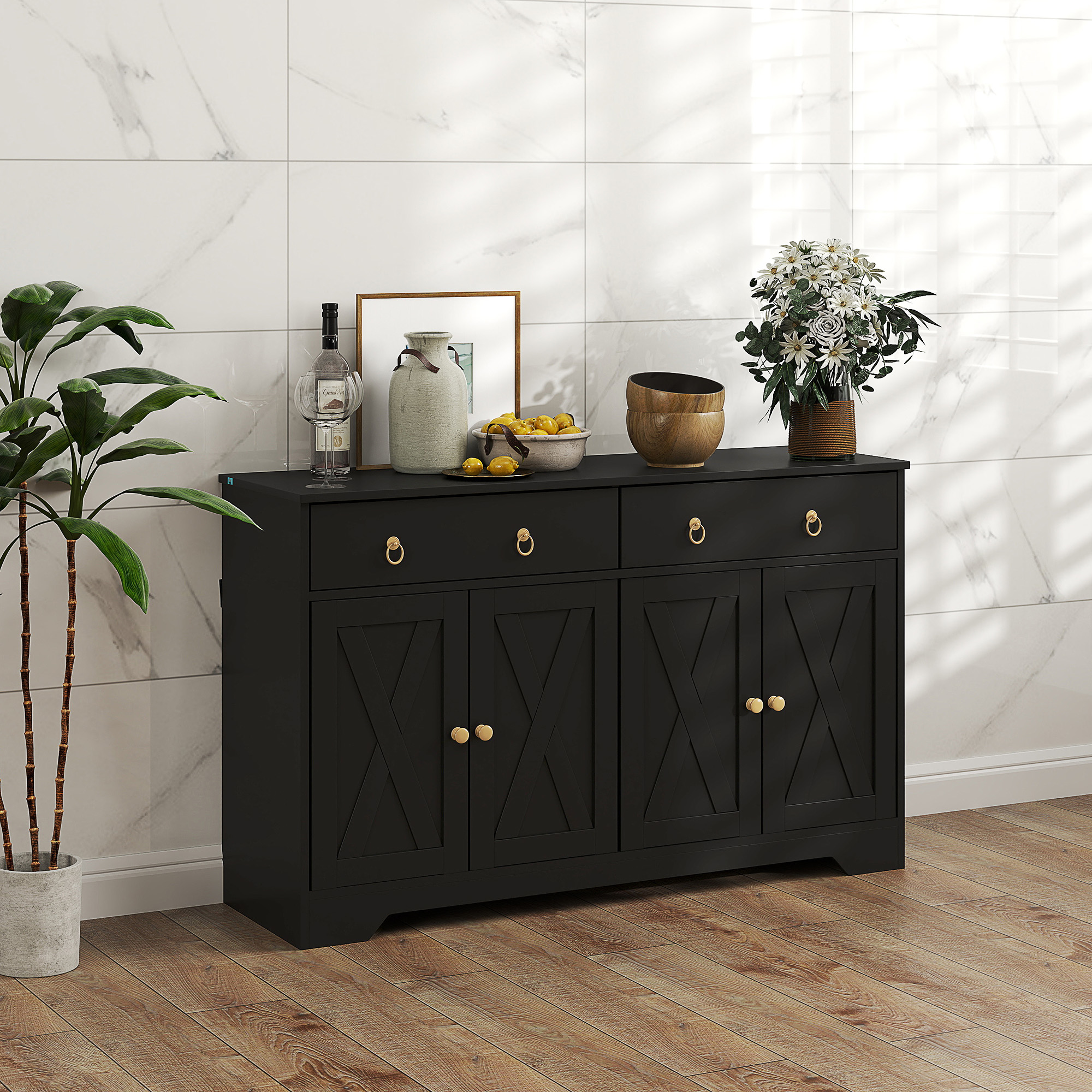 Sideboard Cabinet with 2 Drawers, 4 Barn Doors and 2 Adjustable Shelves, Buffet Table for Living Room, Black - Image 6