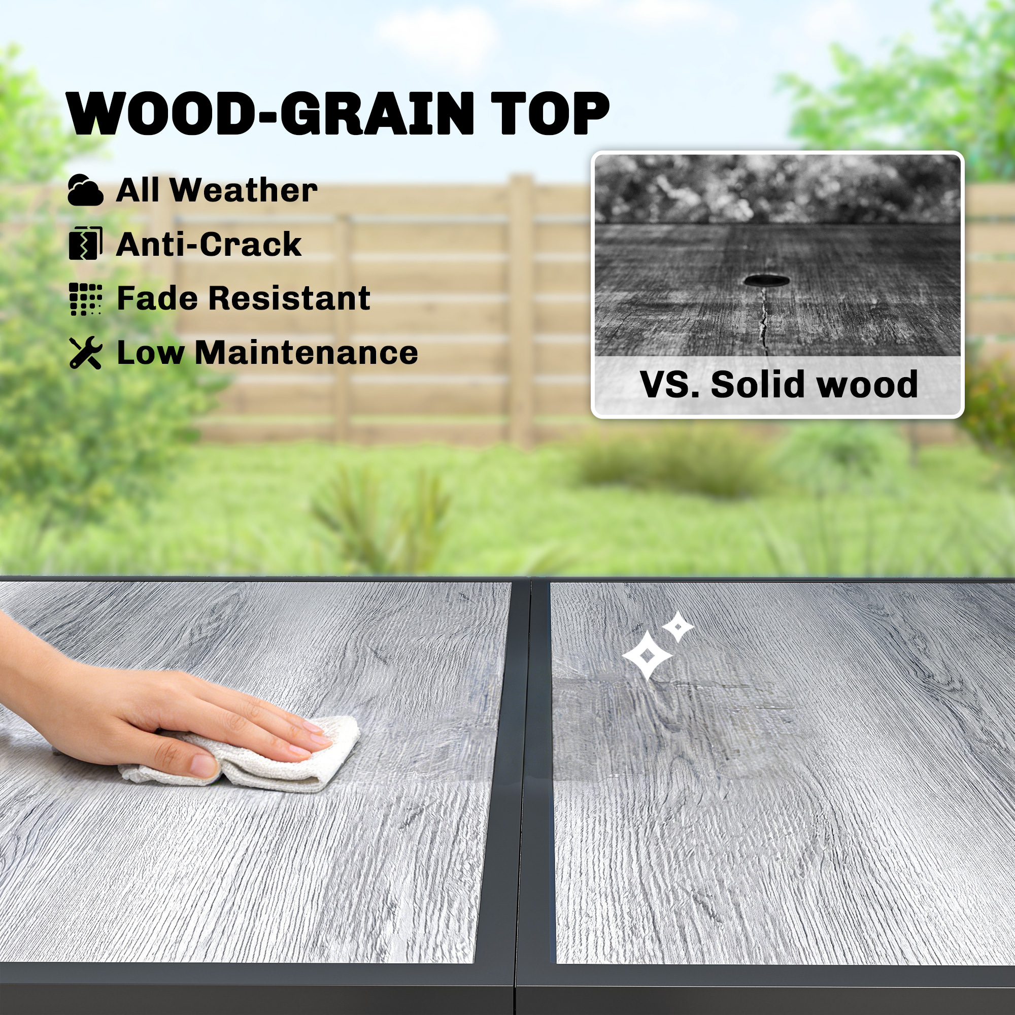Outdoor Dining Table for 4-6, 59" Outdoor Patio Table with Metal Legs, Wood-Effect Top, Grey - Image 3