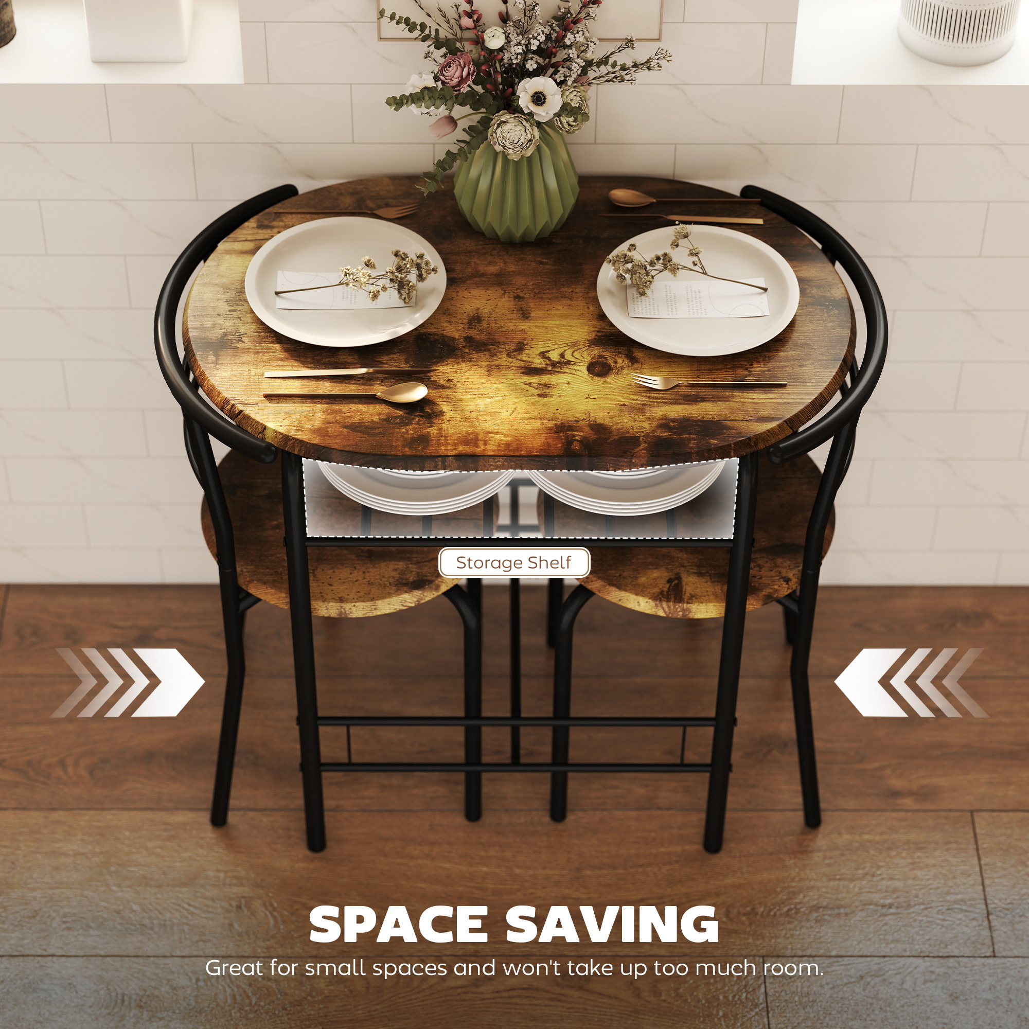 Dining Table Set of 3, Kitchen Table and Chairs Set for 2 with Shelf, Living Room Rustic Brown - Image 3