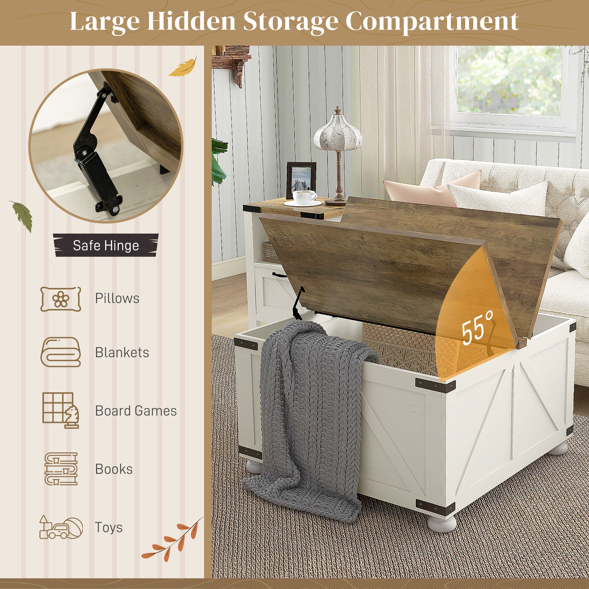 Farmhouse Coffee Table, Square Center Table with Flip-top Lids, Hidden Storage Compartment and Wooden Legs, Antique White - Image 2