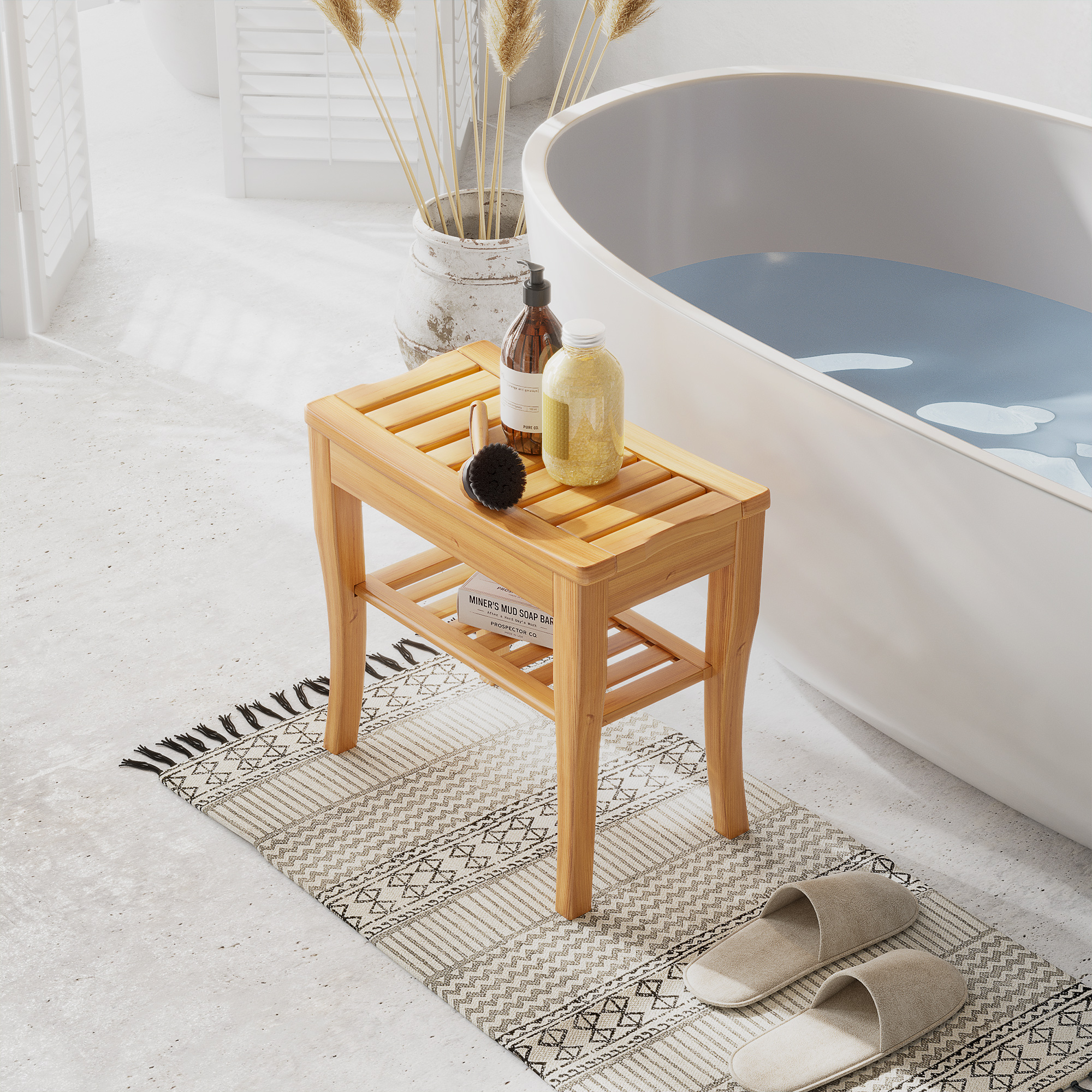 20" Bamboo Shower Bench Bathroom Stool Spa Bath Seat Organizer Storage Shelf - Image 6