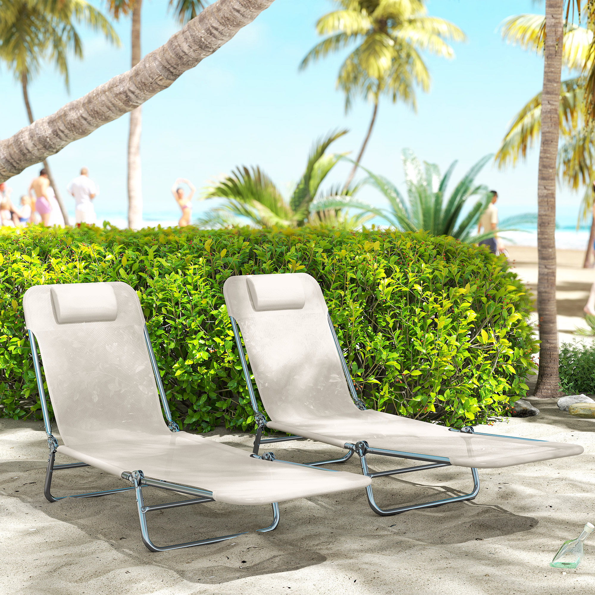 Set of 2 Folding Chaise Lounge Chairs, Outdoor Poolside Sun Tanning Chairs w/ Pillow, Reclining Backrest, Cream White - Image 5