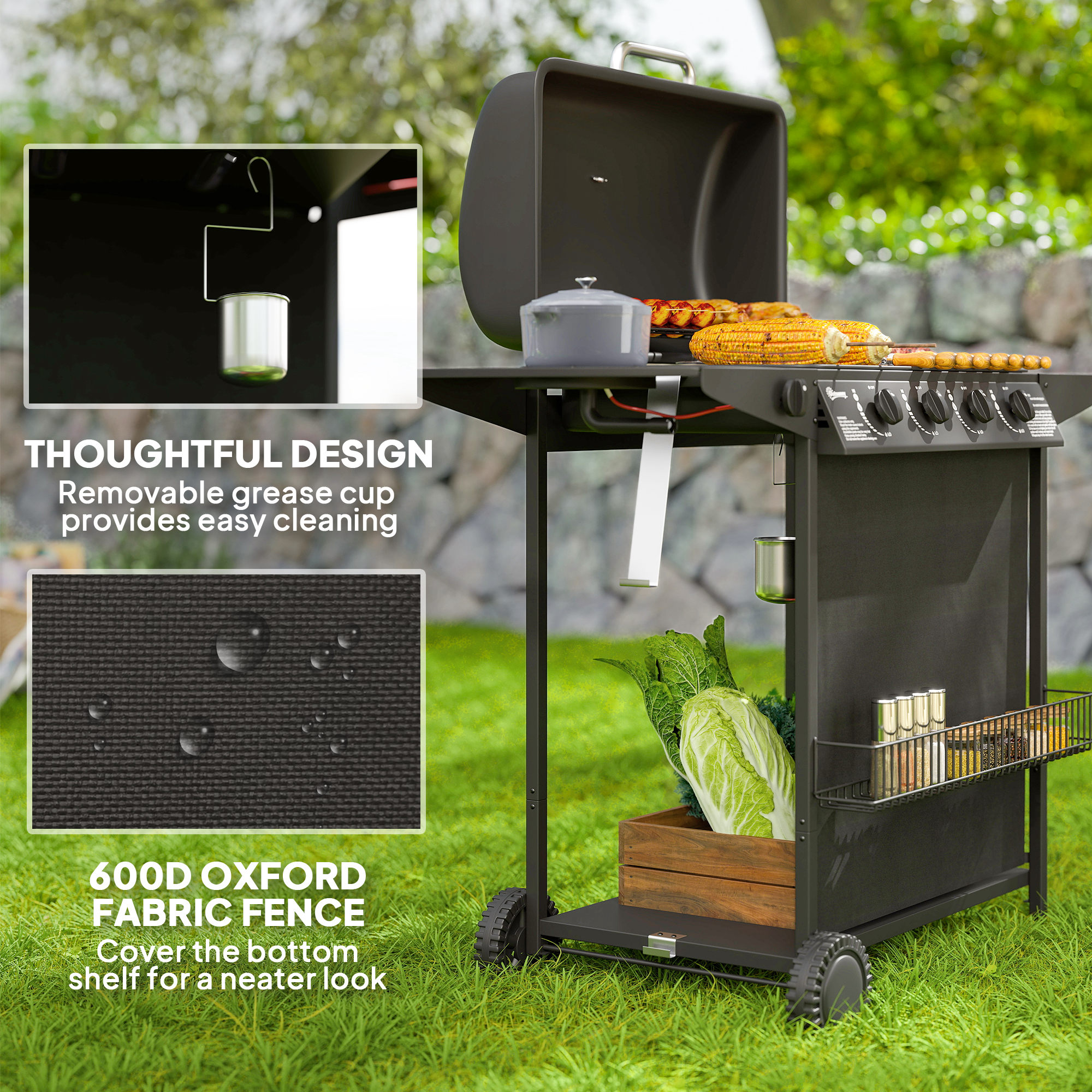 4+1 Burner Propane Gas BBQ Grill, Portable Gas Barbecue Grill with Side Burner, Thermometer, Lid, Side Table, Shelf, Spice Rack, Wheels, Grease Cup for Garden, Black - Image 5