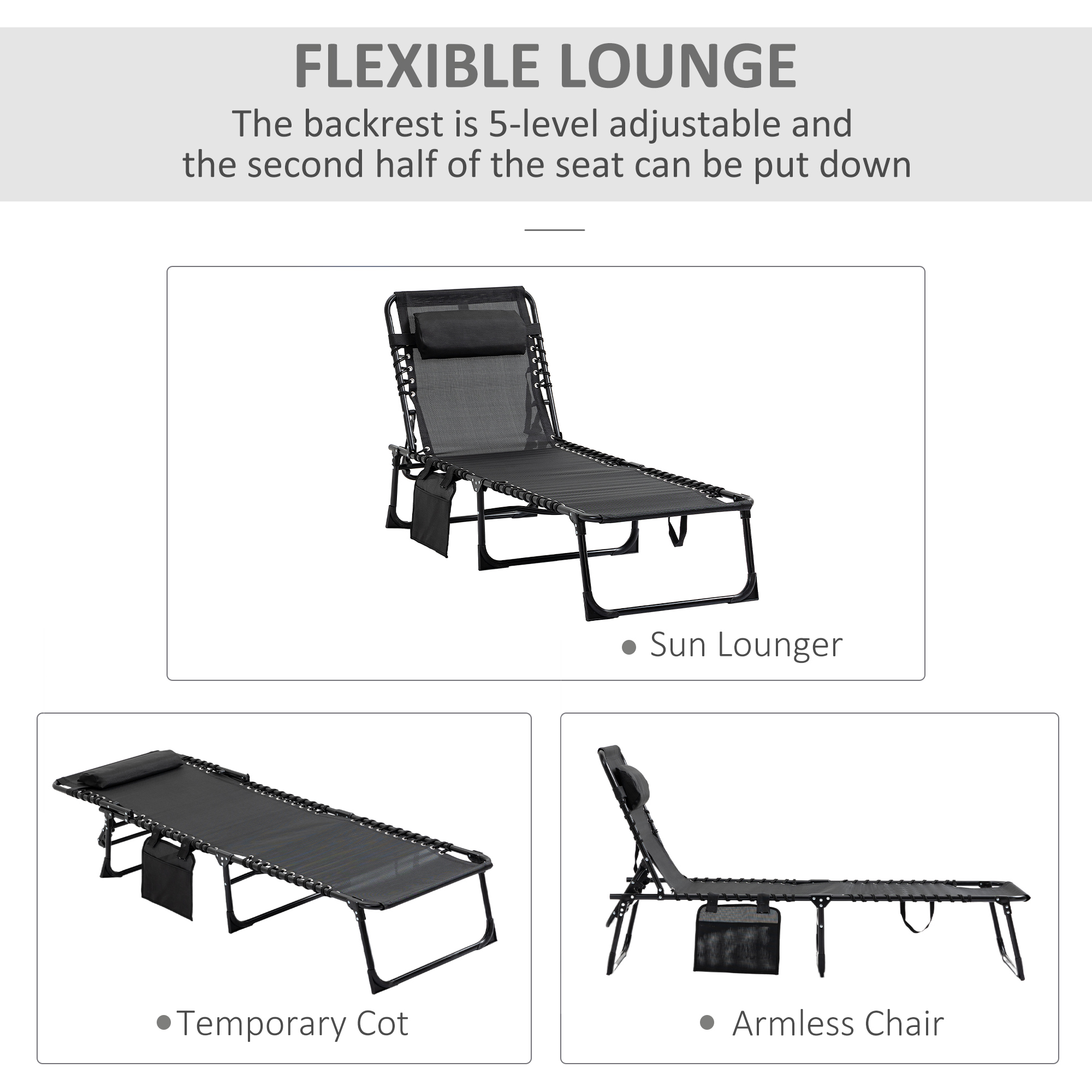 Outdoor Folding Chaise Lounge, Reclining Lounge Chair with Adjustable Backrest and Removable Pillow, Black - Image 2