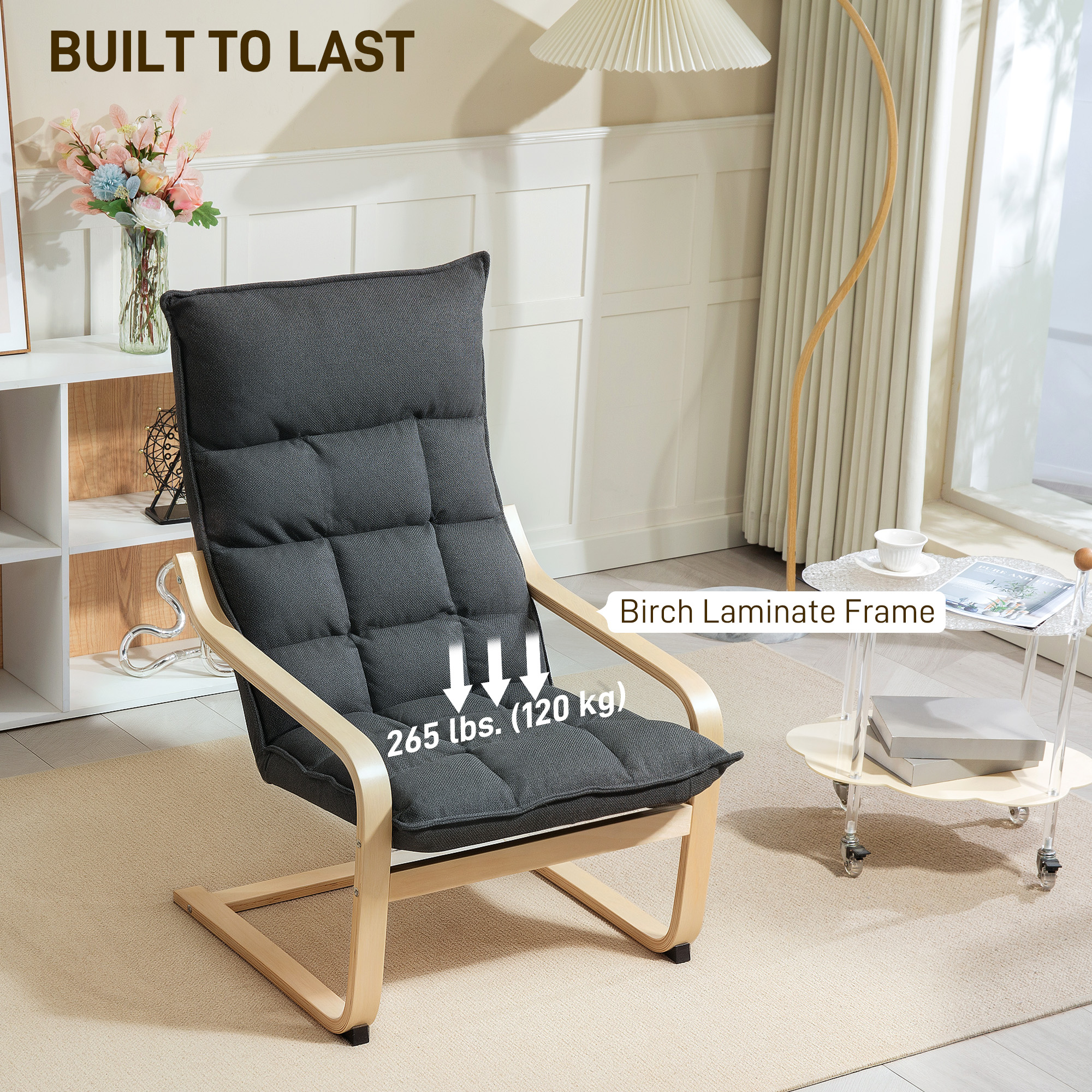 Modern Armchair, Upholstered Accent Chair with Curved Leg and Arm, Leisure Lounge Chair for Living Room, Dark Grey - Image 5