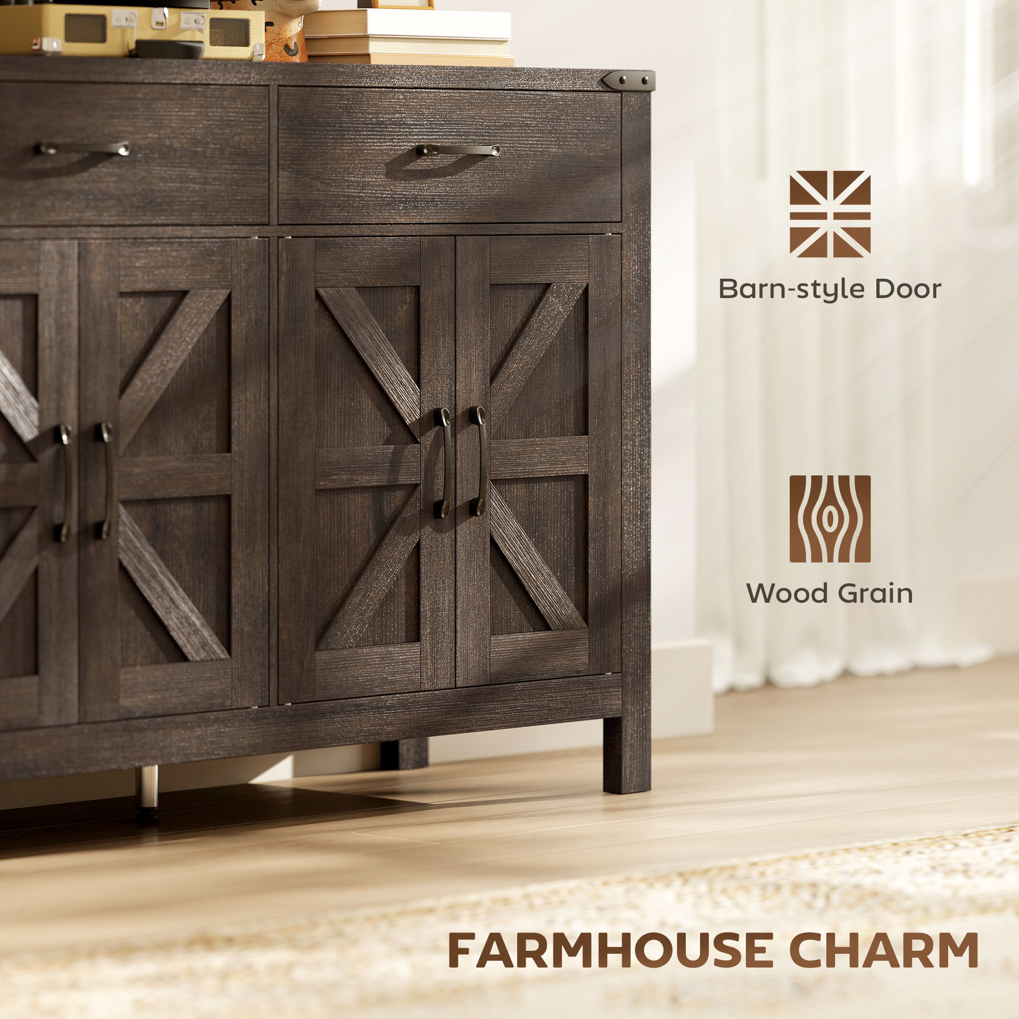 Sideboard Buffet Cabinet, Farmhouse Kitchen Storage Cabinet w/ 2 Drawers and Shelves for Living Room, Entryway - Image 5