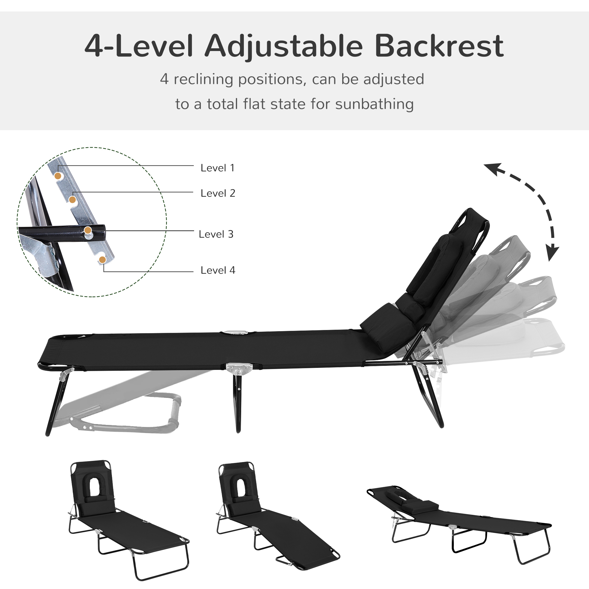 Adjustable Outdoor Lounge Chair, Garden Folding Chaise Lounge with Face Hole Reclining Tanning Chair Seat, Folding Camping Beach Lounging Bed w/ Support Pillow, Black - Image 2