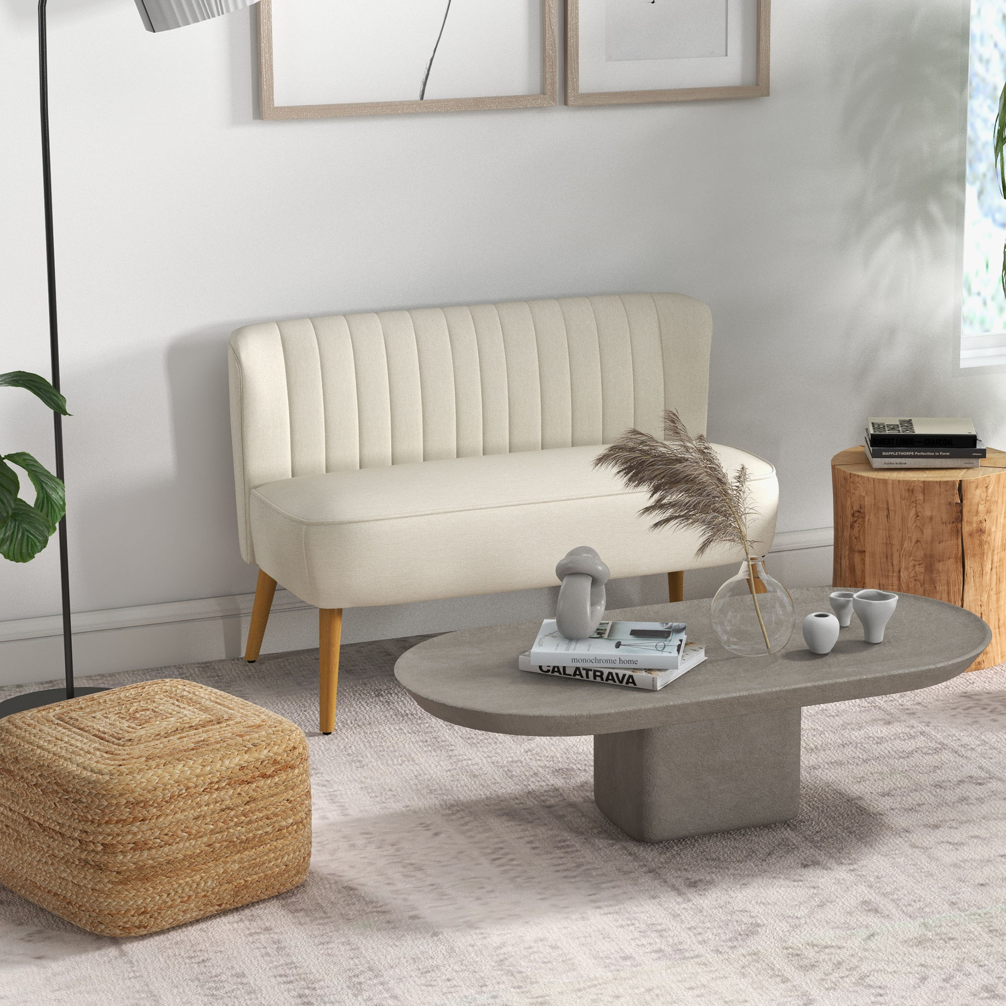 Modern 2 Seat Sofa for Bedroom, Upholstered Two Seater Couch with Rubber Wood Legs, Cream White - Image 6